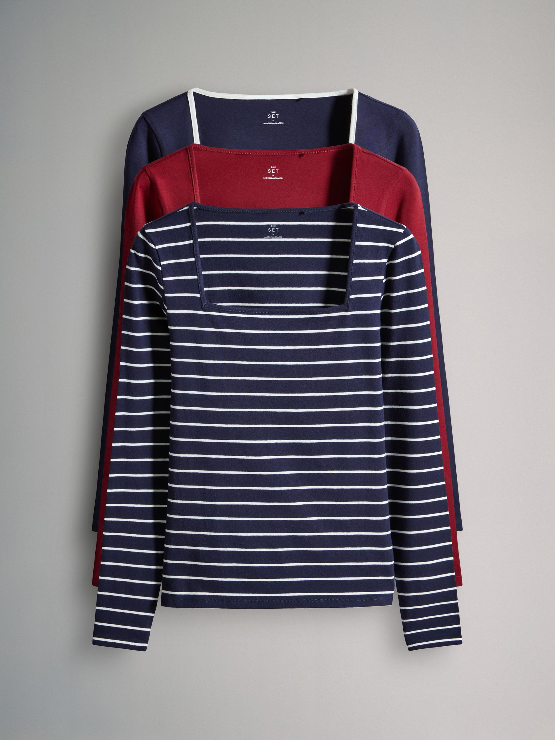 Navy/Red/White - 3 Pack Square Neck Long Sleeve T-Shirts - Image 1 of 6