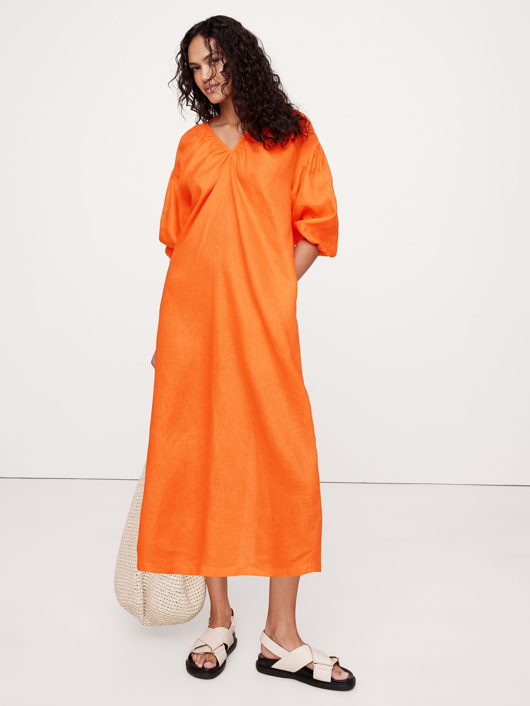 Banana Republic Orange Linen V Neck Maxi Dress - Image 1 of 1