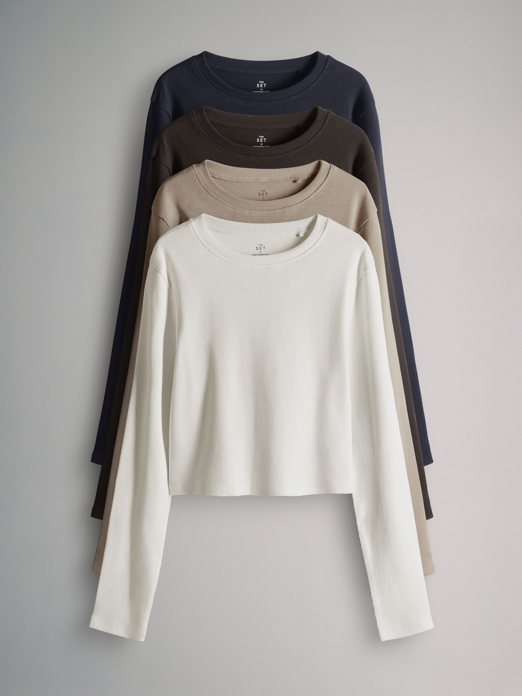 Navy Blue/Chocolate Brown/Stone/White - 4 Pack Ribbed Cropped Fitted T-Shirts - Image 2 of 6