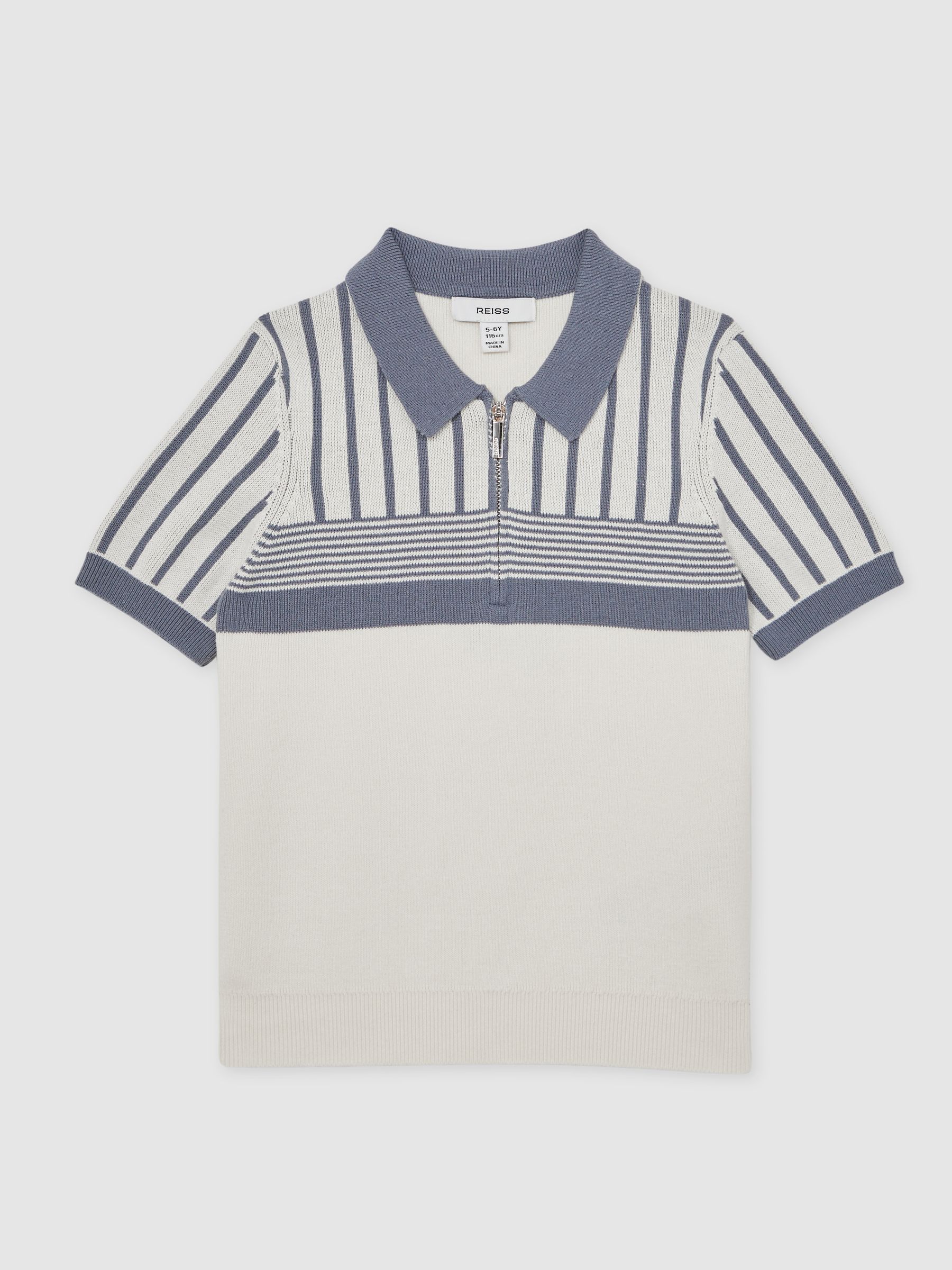 3-9 yrs Cotton Stripe Knit Half-Zip Polo Shirt in Off White/ Airforce Blue - Image 2 of 4