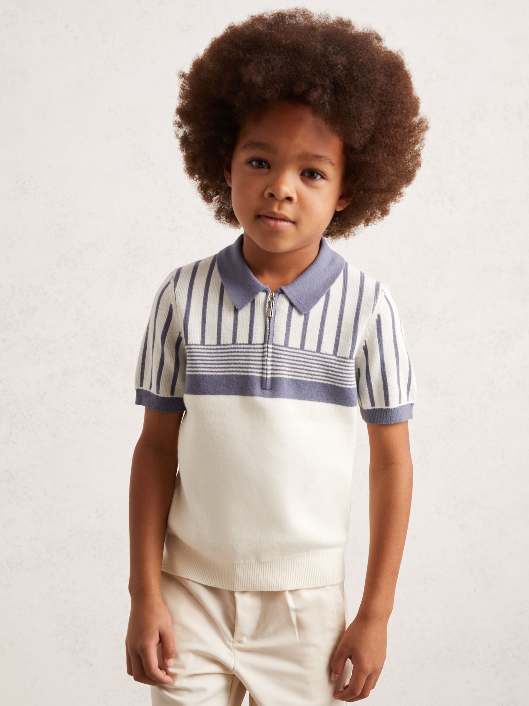 3-9 yrs Cotton Stripe Knit Half-Zip Polo Shirt in Off White/ Airforce Blue - Image 3 of 4