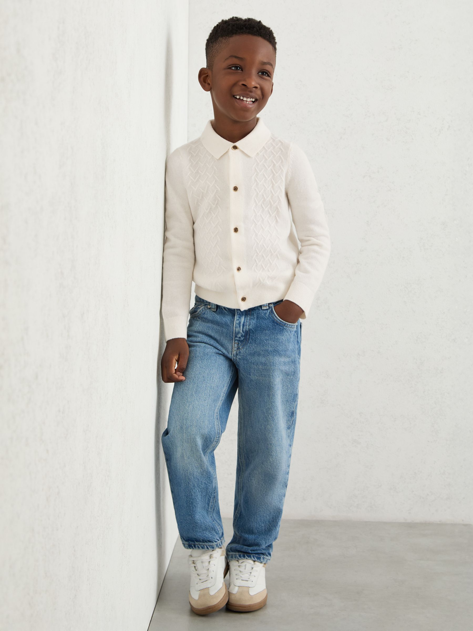 3-9 yrs Wool V-Stitch Button-Through Cardigan in Off White - Image 3 of 4