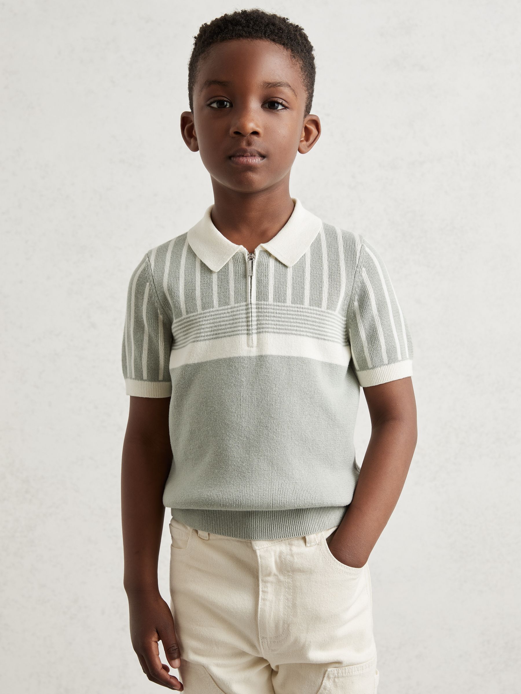 9-13 yrs Cotton Stripe Knit Half-Zip Polo Shirt in Sage Green/Off White - Image 1 of 4