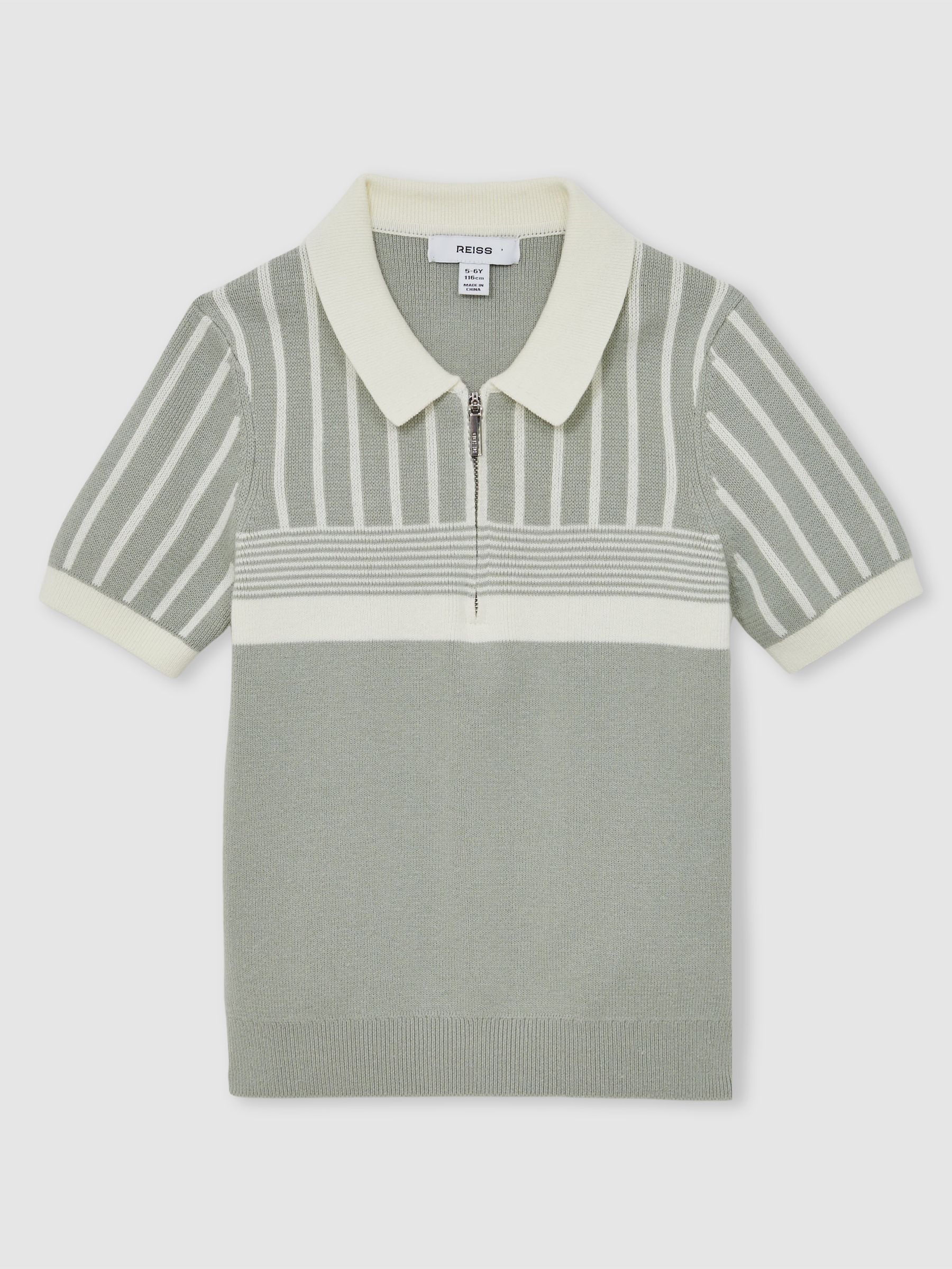 9-13 yrs Cotton Stripe Knit Half-Zip Polo Shirt in Sage Green/Off White - Image 2 of 4