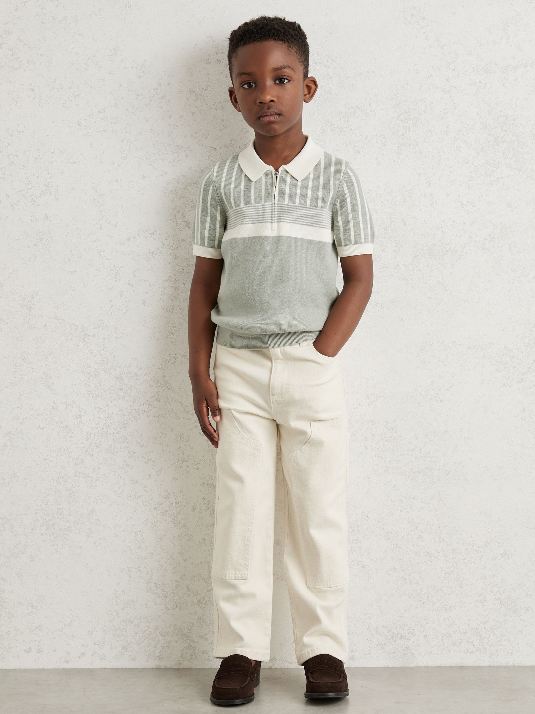 9-13 yrs Cotton Stripe Knit Half-Zip Polo Shirt in Sage Green/Off White - Image 3 of 4