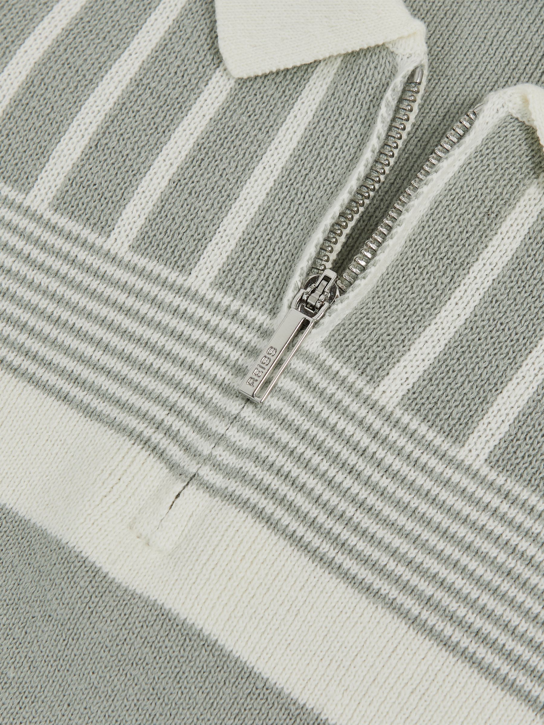 9-13 yrs Cotton Stripe Knit Half-Zip Polo Shirt in Sage Green/Off White - Image 4 of 4