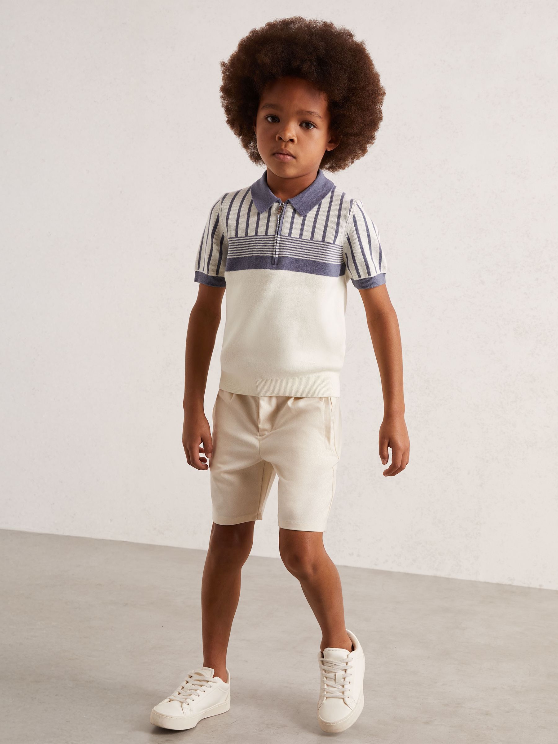 9-13 yrs Cotton Stripe Knit Half-Zip Polo Shirt in Off White/ Airforce Blue - Image 3 of 4