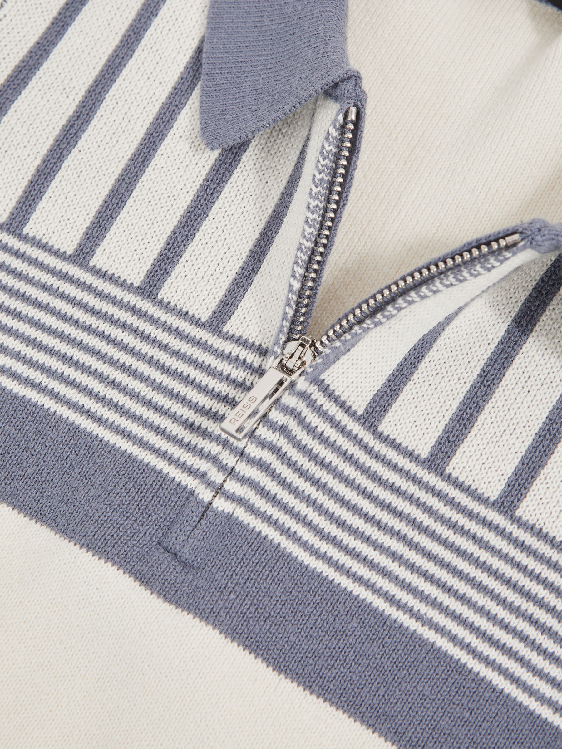9-13 yrs Cotton Stripe Knit Half-Zip Polo Shirt in Off White/ Airforce Blue - Image 4 of 4