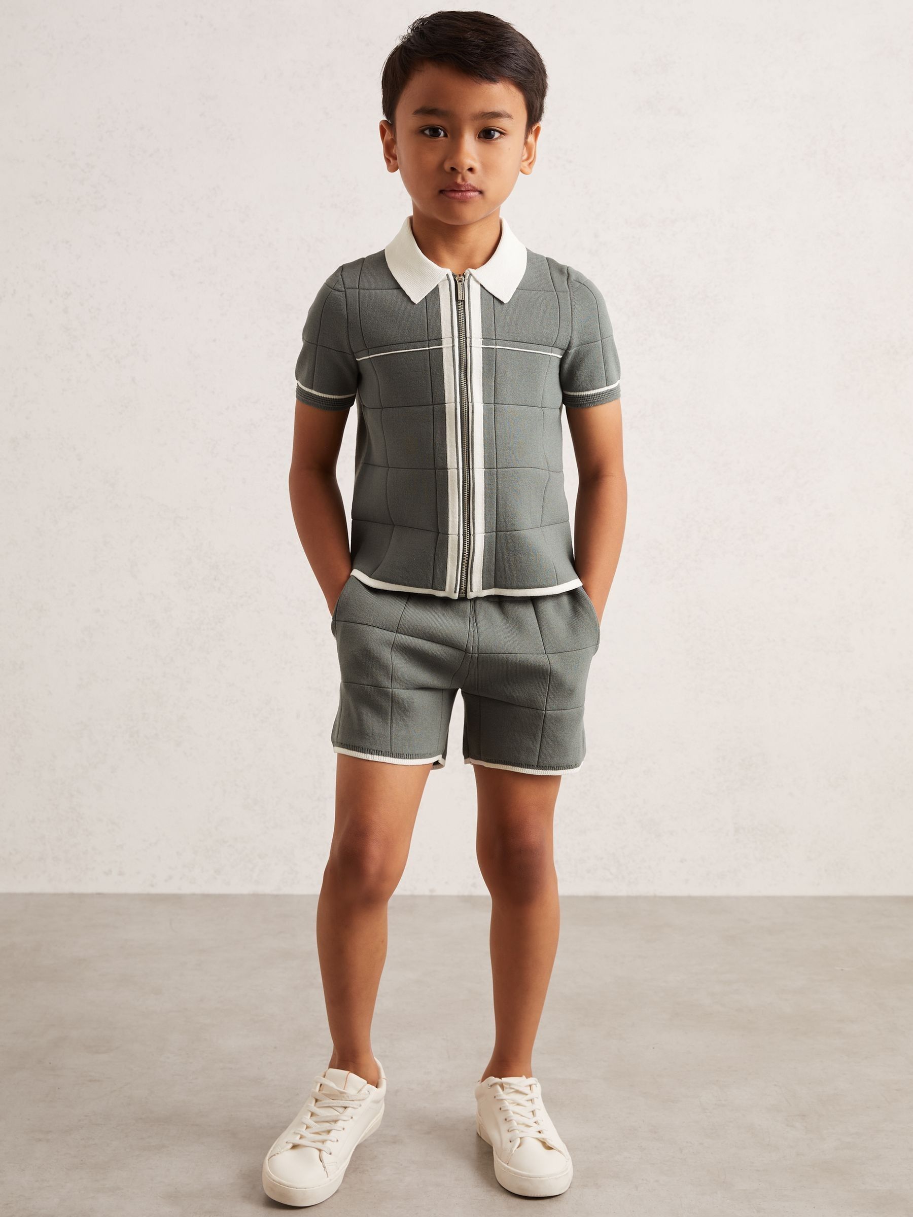 9-13 yrs Tipped Knit Zip-Through Shirt in Dark Sage Green - Image 1 of 4 9-13 yrs Tipped Knit Zip-Through Shirt in Dark Sage Green - Image 1 of 4