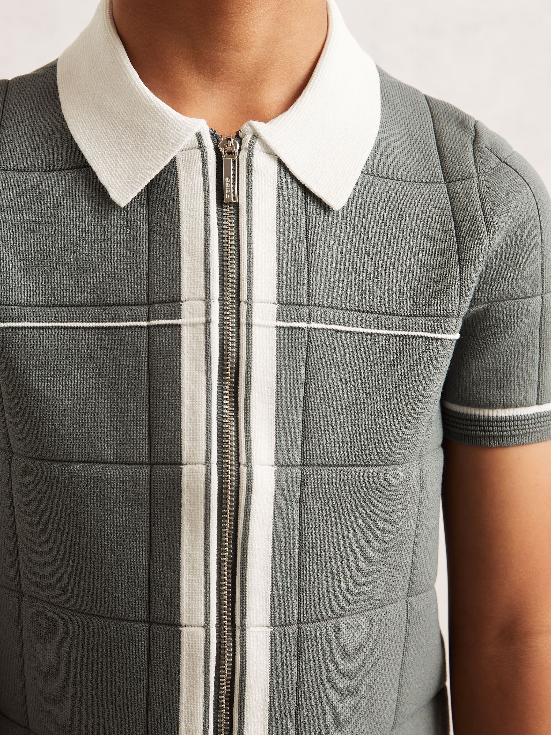 9-13 yrs Tipped Knit Zip-Through Shirt in Dark Sage Green - Image 2 of 4