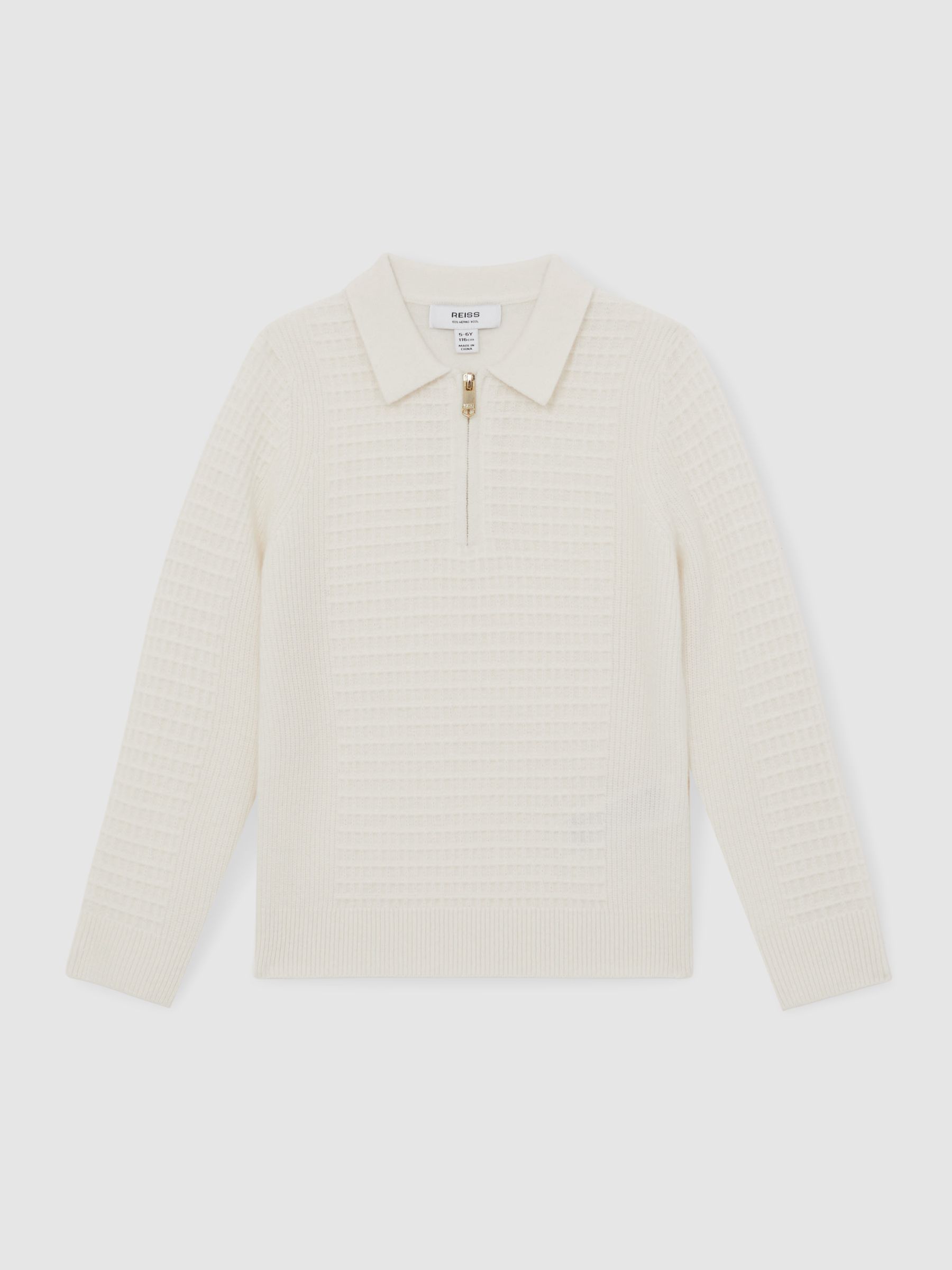 3-9 yrs Wool Waffle-Knit Half-Zip Polo Shirt in Off White - Image 2 of 4