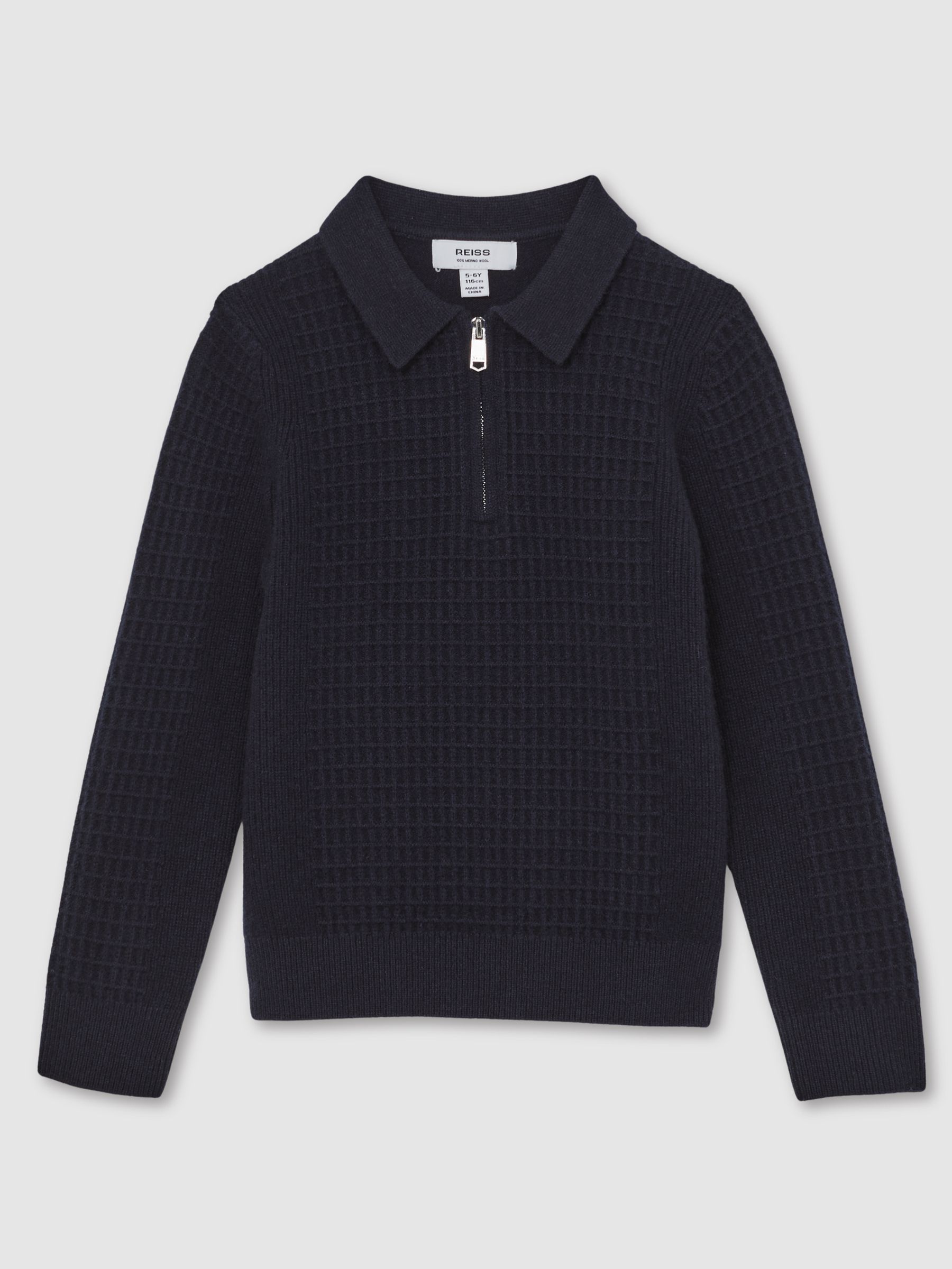 9-13 yrs Wool Waffle-Knit Half-Zip Polo Shirt in Navy Blue - Image 2 of 4
