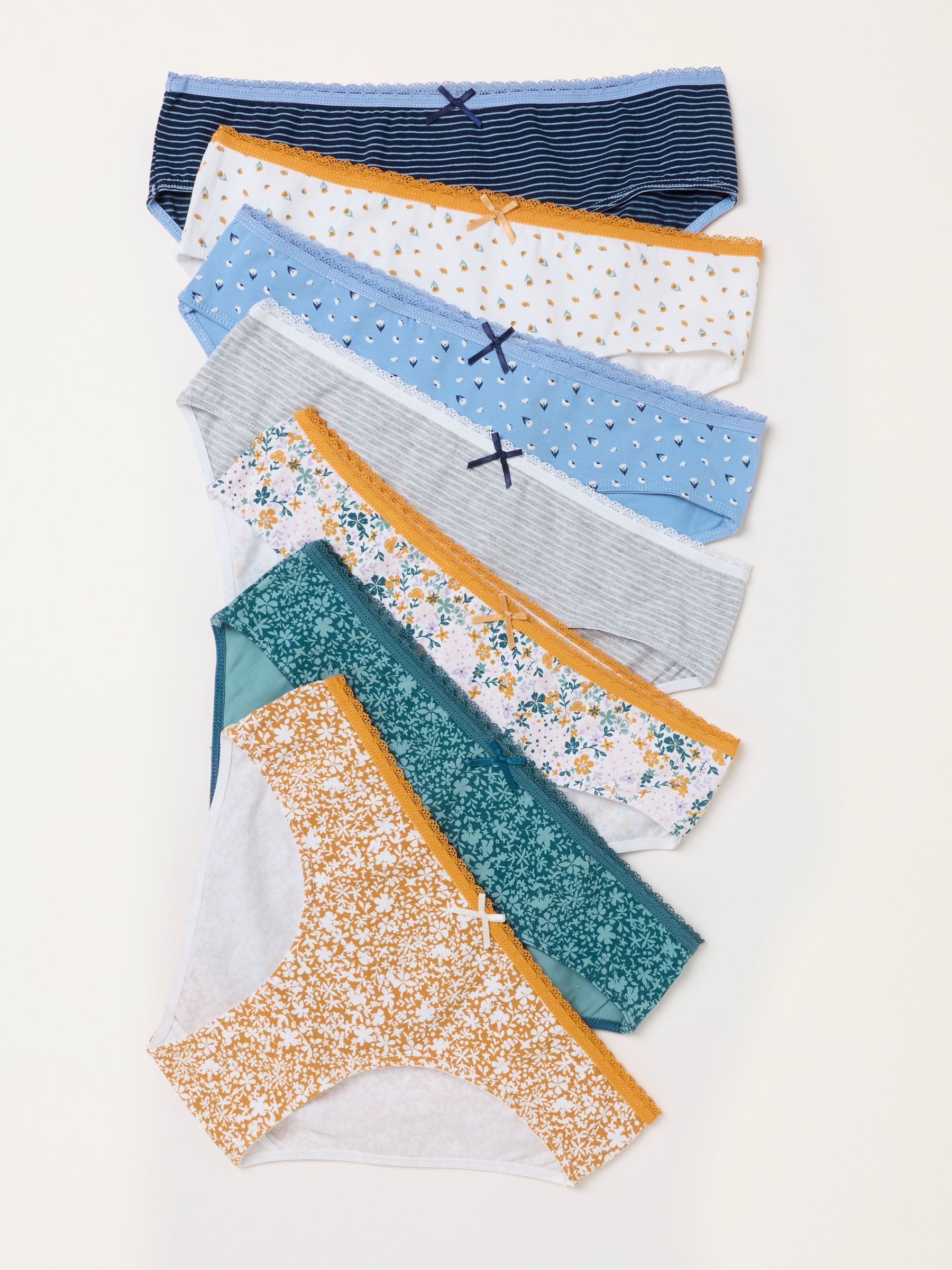 Mustard Yellow 7 Pack of Floral Stripe Classic Knickers - Image 1 of 3 Mustard Yellow 7 Pack of Floral Stripe Classic Knickers - Image 1 of 3