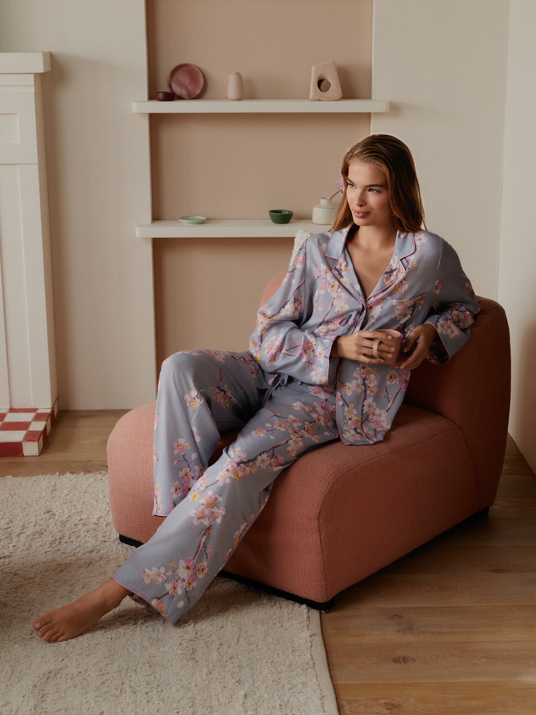 Purple Cherry Blossom Viscose Bow Button Through Pyjamas - Image 2 of 8