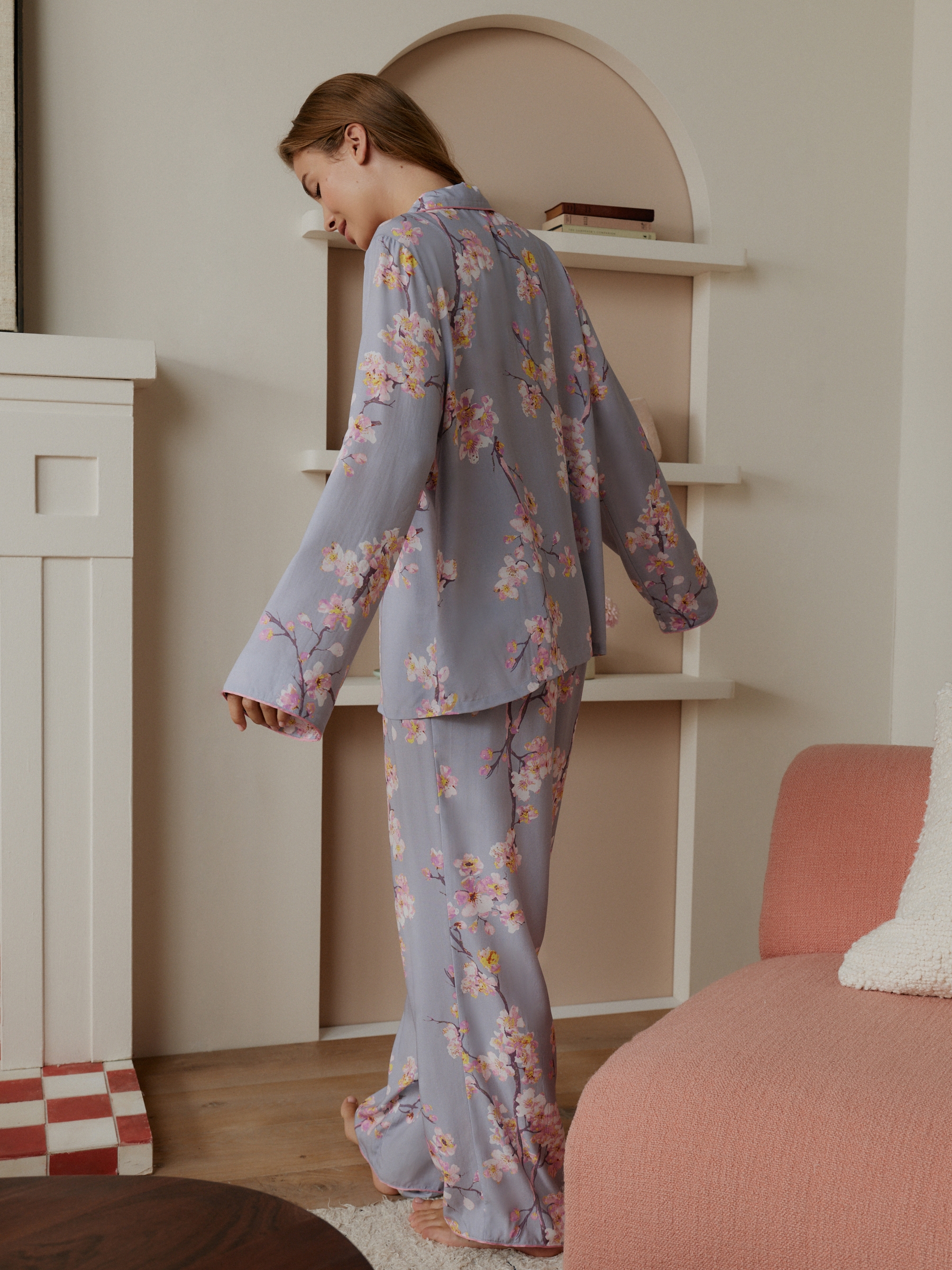 Purple Cherry Blossom Viscose Bow Button Through Pyjamas - Image 4 of 8