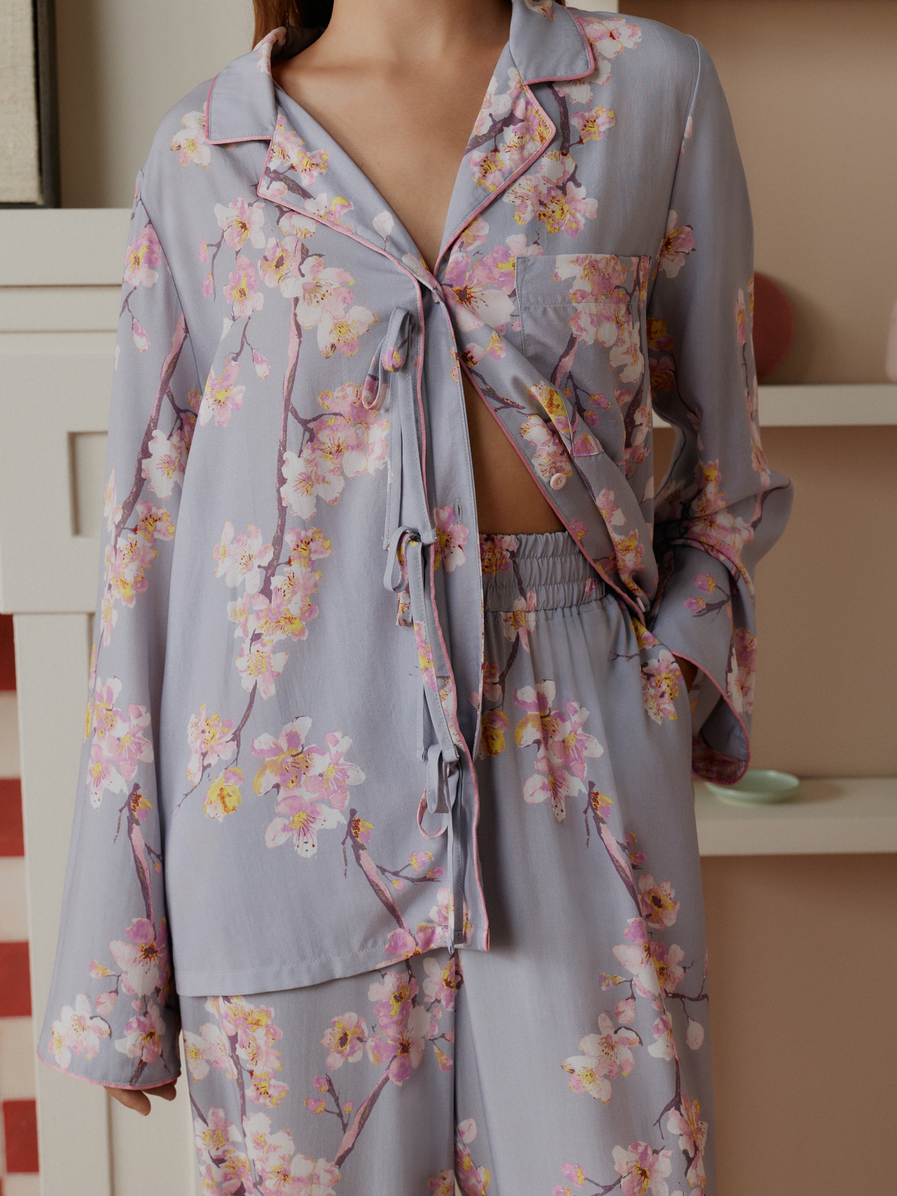 Purple Cherry Blossom Viscose Bow Button Through Pyjamas - Image 6 of 8