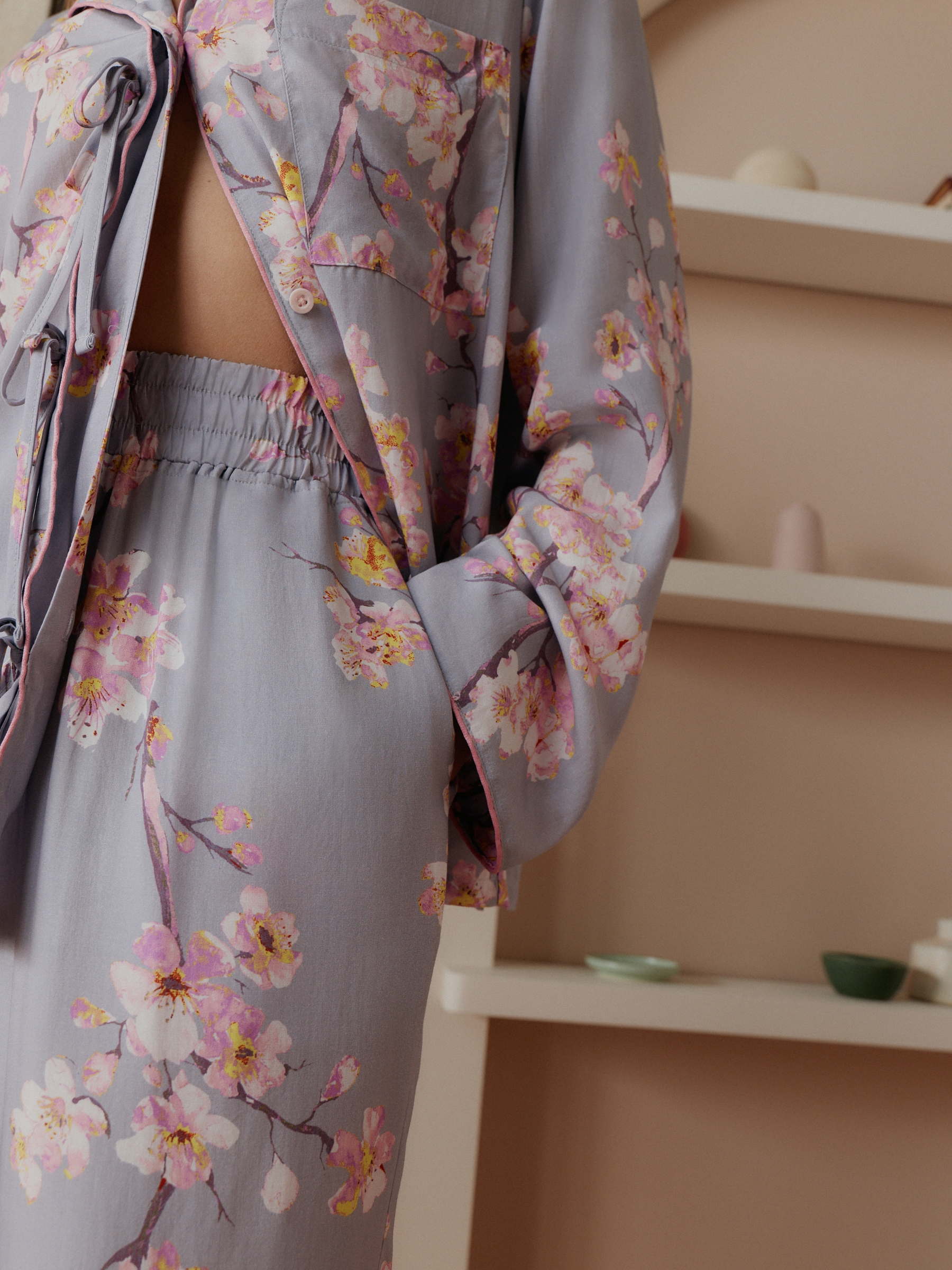 Purple Cherry Blossom Viscose Bow Button Through Pyjamas - Image 7 of 8