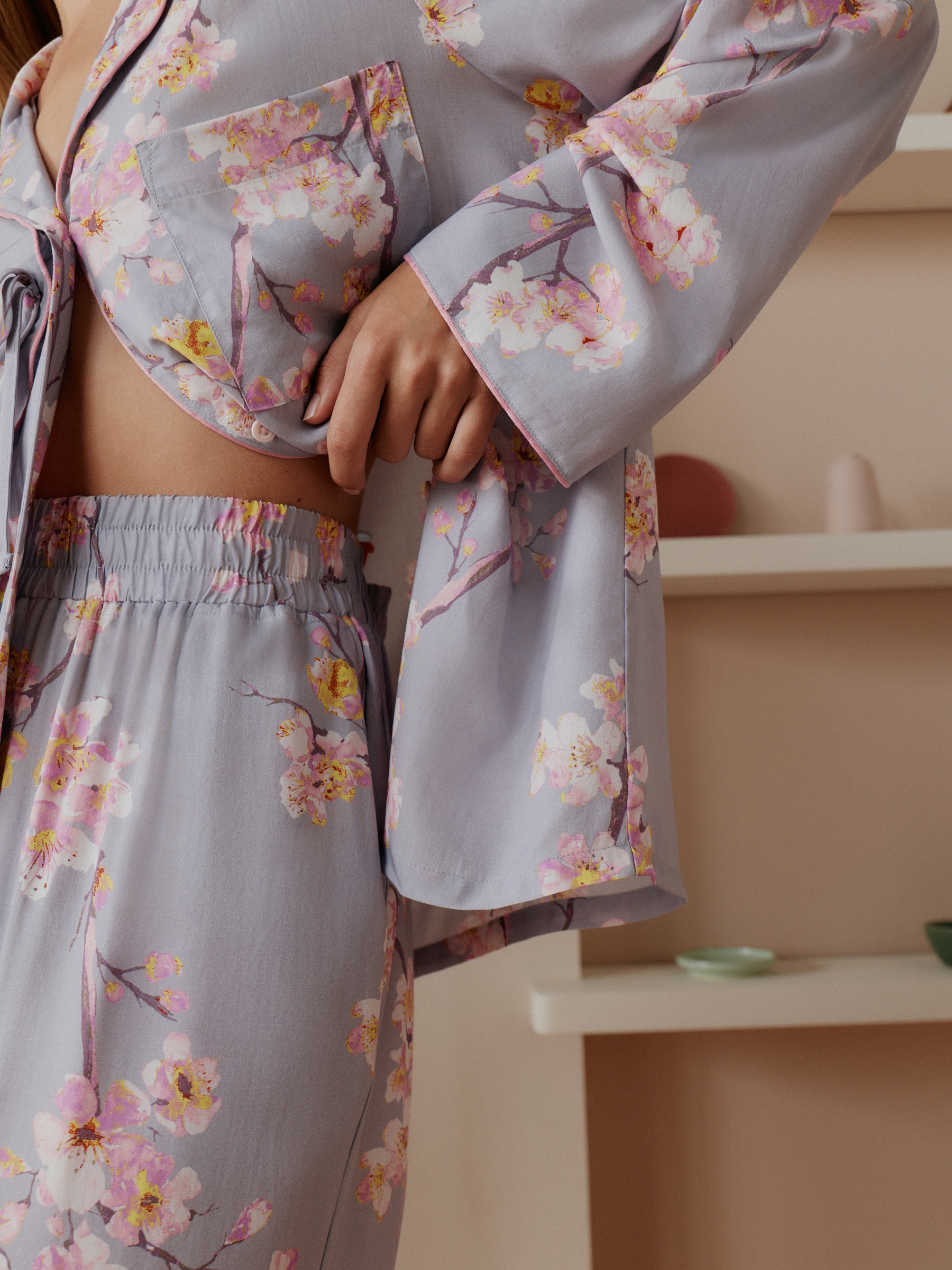 Purple Cherry Blossom Viscose Bow Button Through Pyjamas - Image 8 of 8