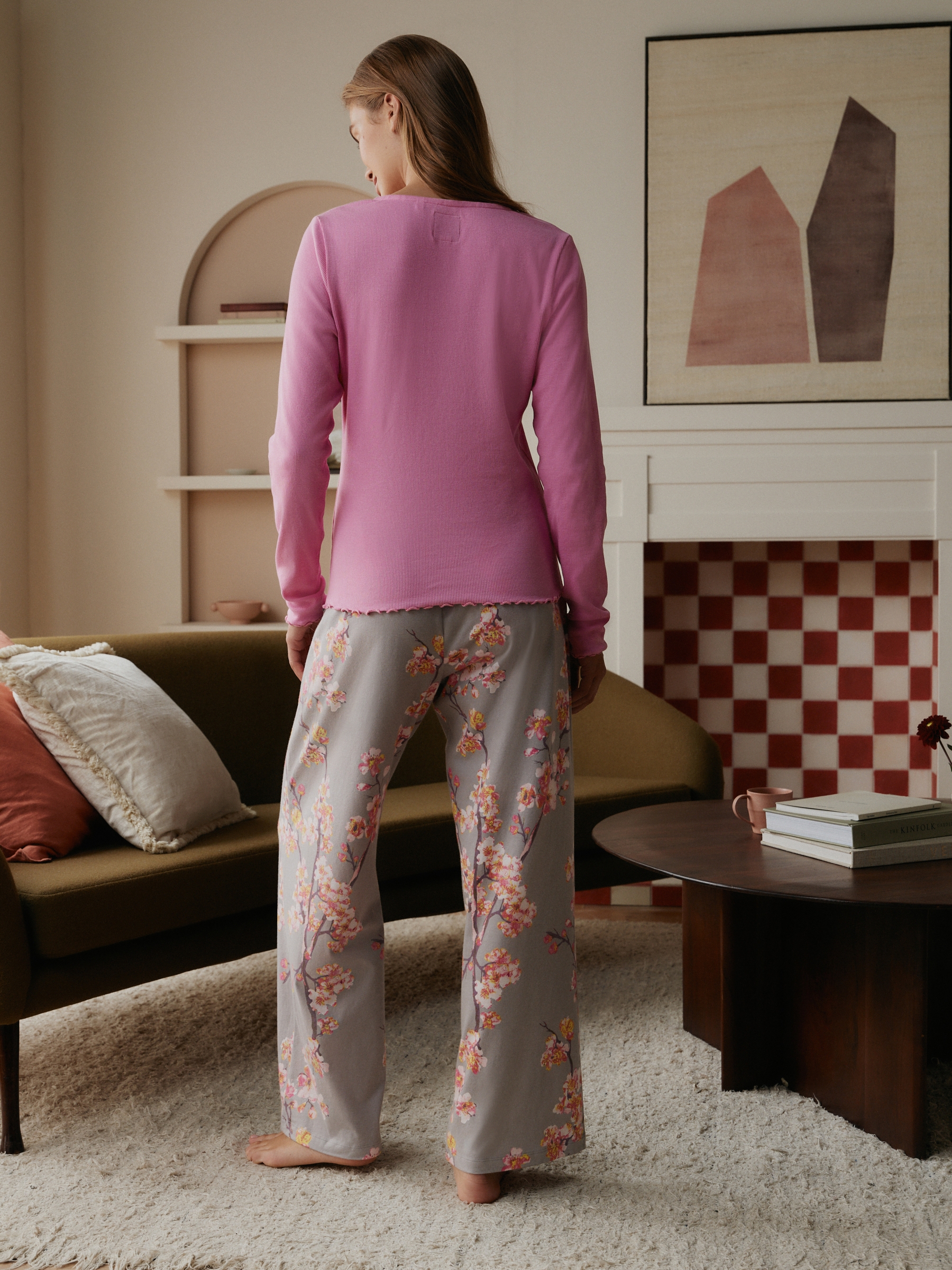 Lilac Purple Cherry Blossom Rib Long Sleeve Pyjamas with Lace detail - Image 2 of 5