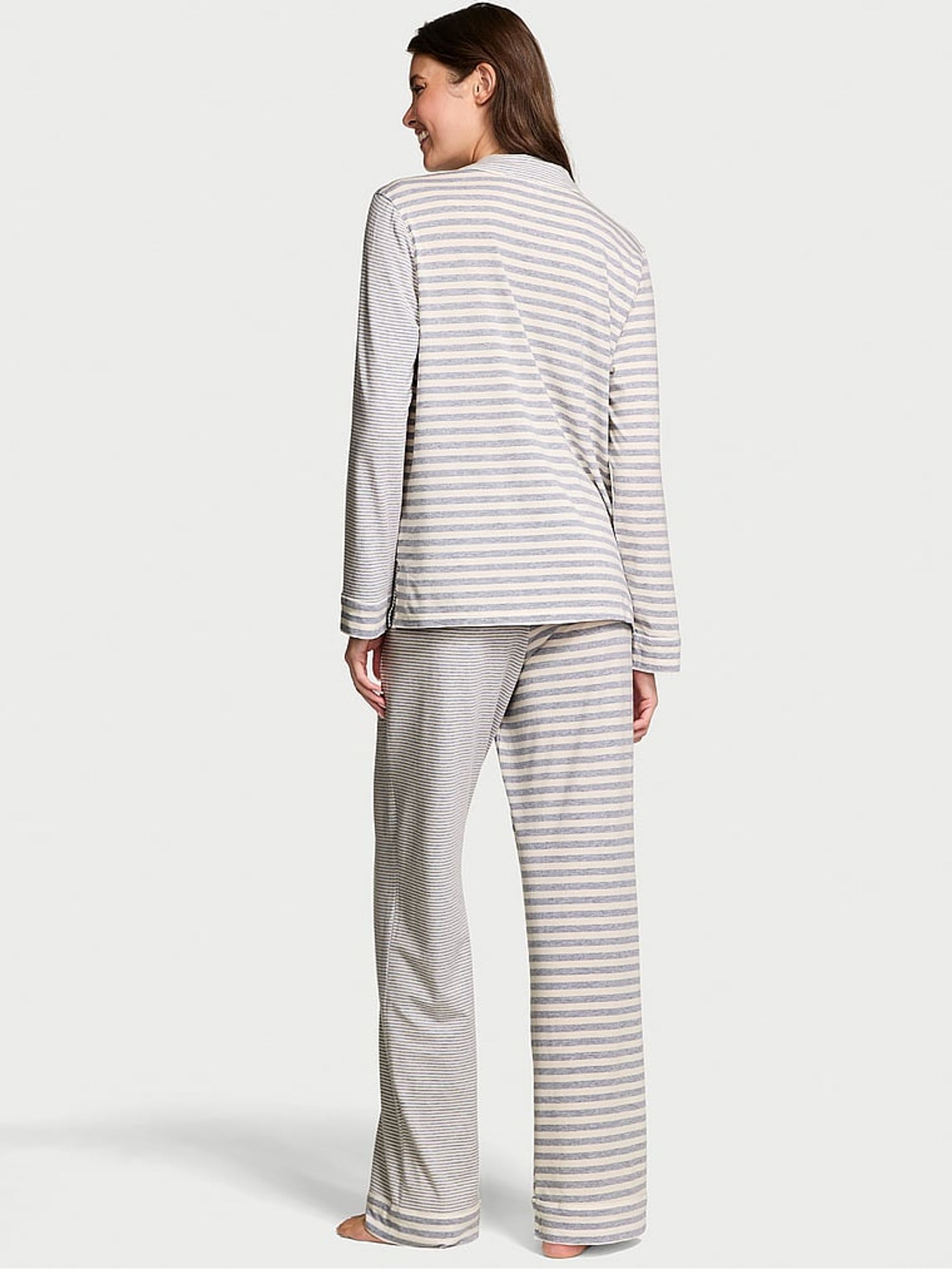 Medium Heather Grey & White Stripe Modal Long Pyjamas Set - Image 2 of 2