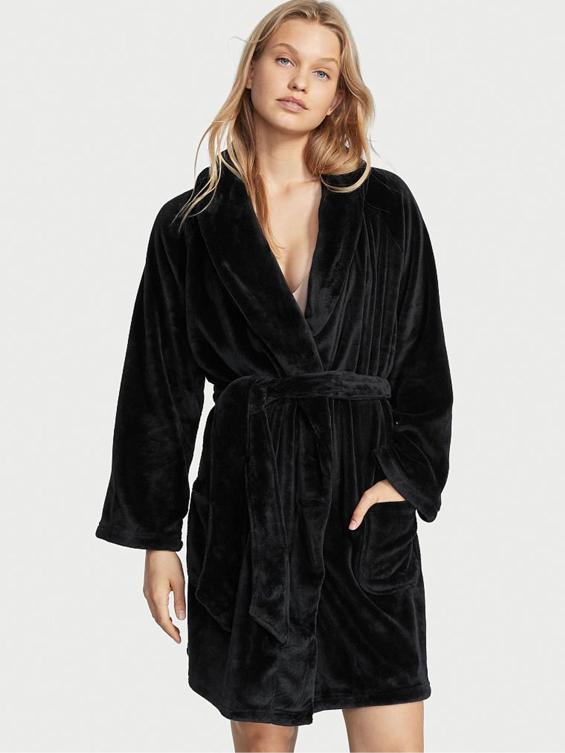 Black Fluffy Short Dressing Gown | Victoria's Secret UK Black Fluffy Short Dressing Gown | Victoria's Secret UK
