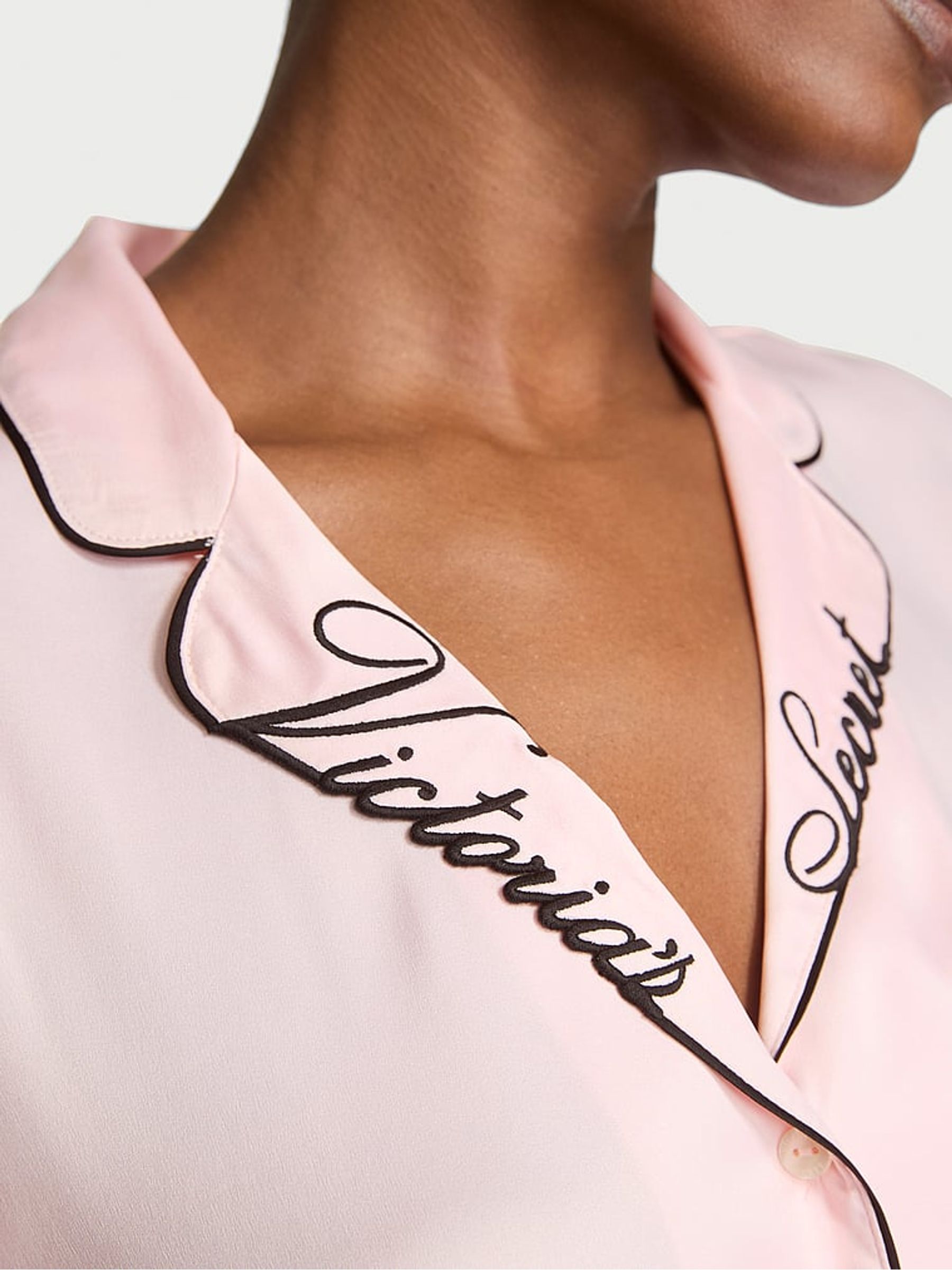 Angel Pink with Collar Embroidery Satin Short Pyjamas Set - Image 3 of 3