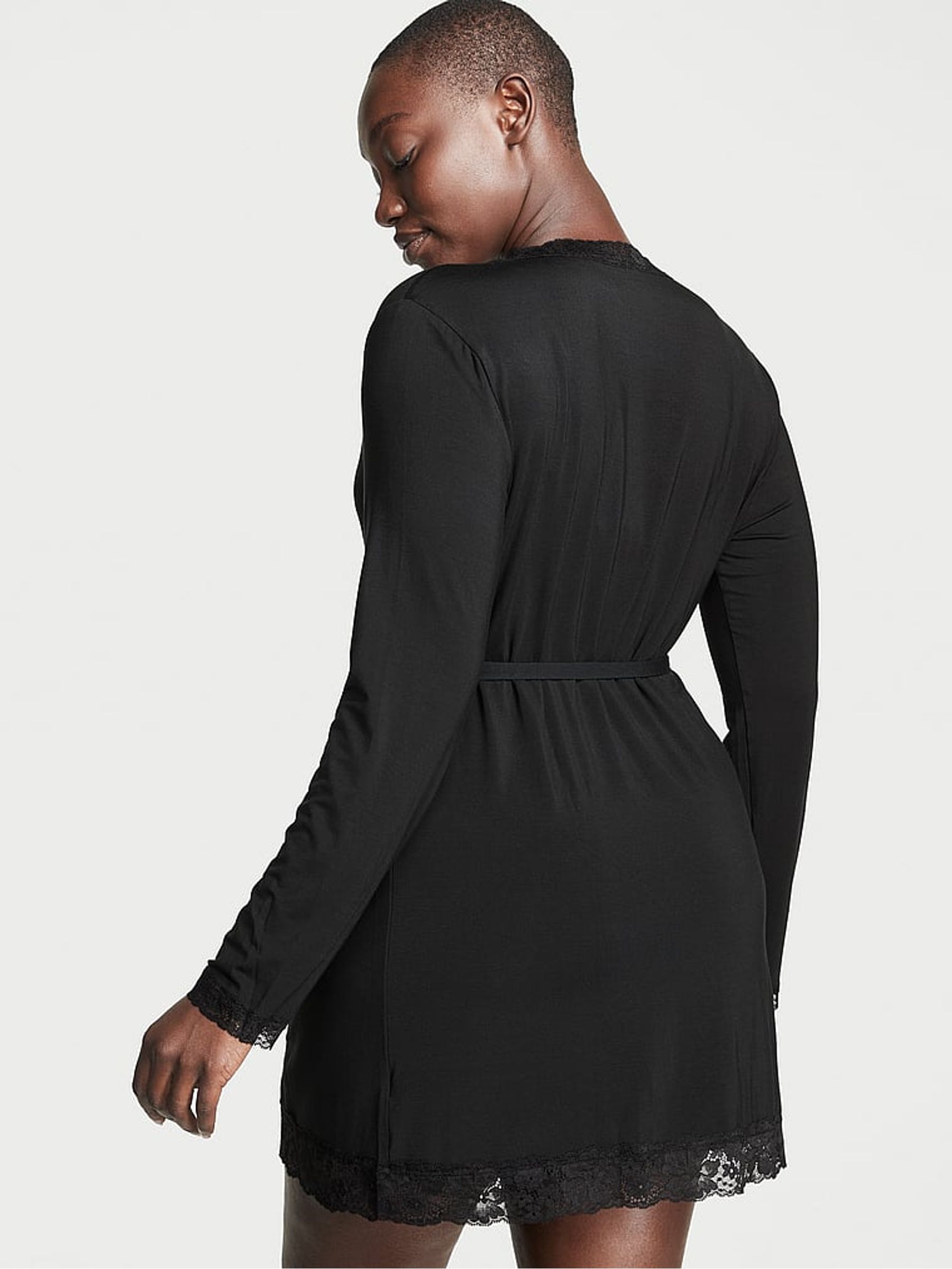 Black Modal Lace Trim Robe - Image 2 of 3