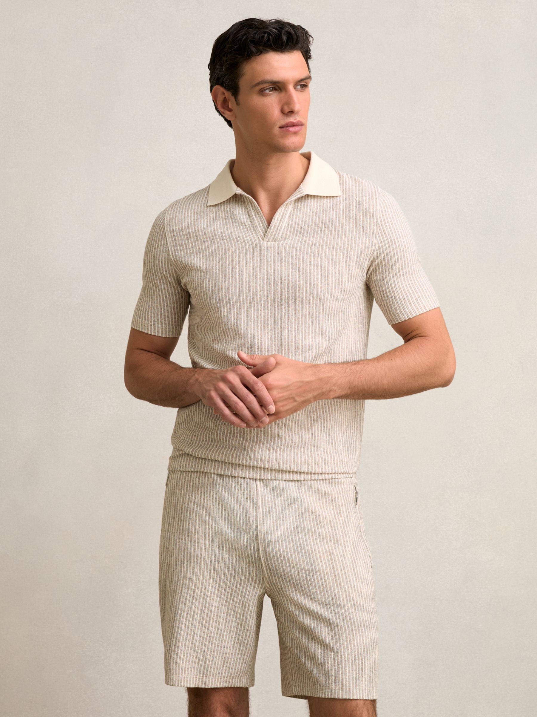 Cotton-Blend Stripe Drawstring Shorts in Ecru/Taupe Brown - Image 1 of 7 Cotton-Blend Stripe Drawstring Shorts in Ecru/Taupe Brown - Image 1 of 7