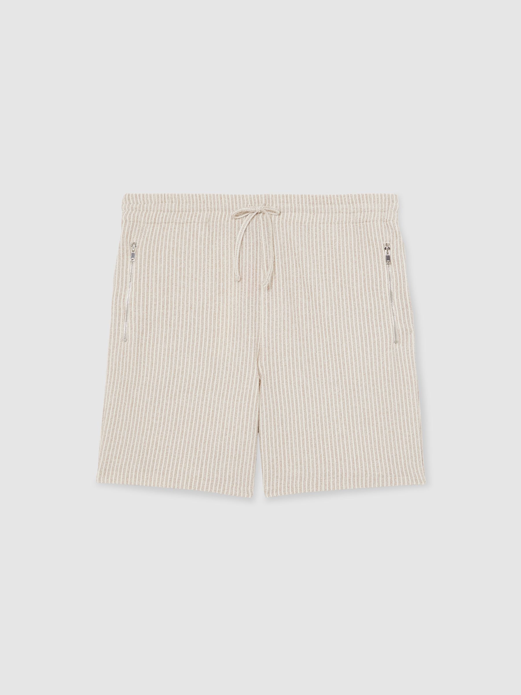 Cotton-Blend Stripe Drawstring Shorts in Ecru/Taupe Brown - Image 2 of 7