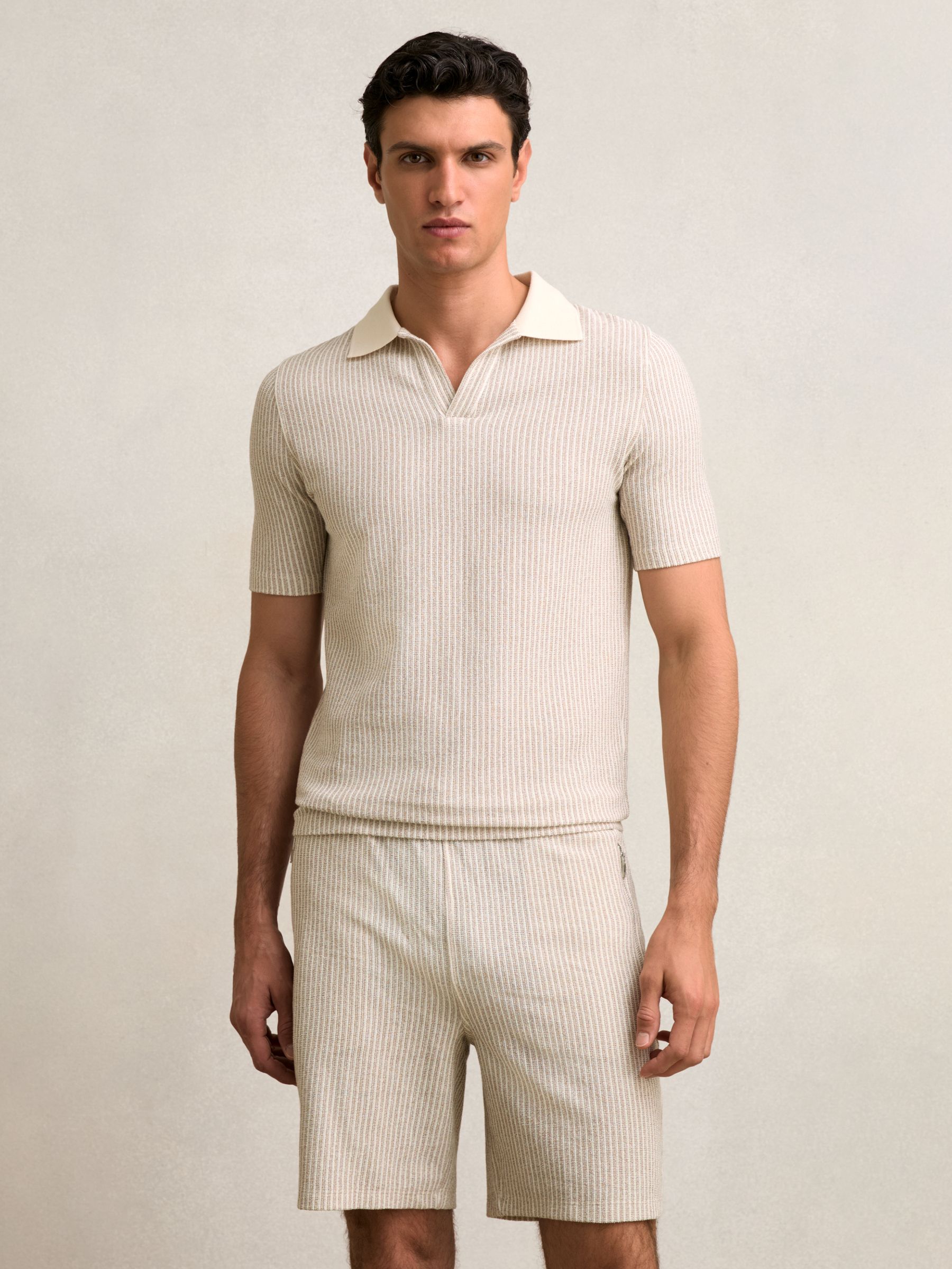 Cotton-Blend Stripe Drawstring Shorts in Ecru/Taupe Brown - Image 4 of 7