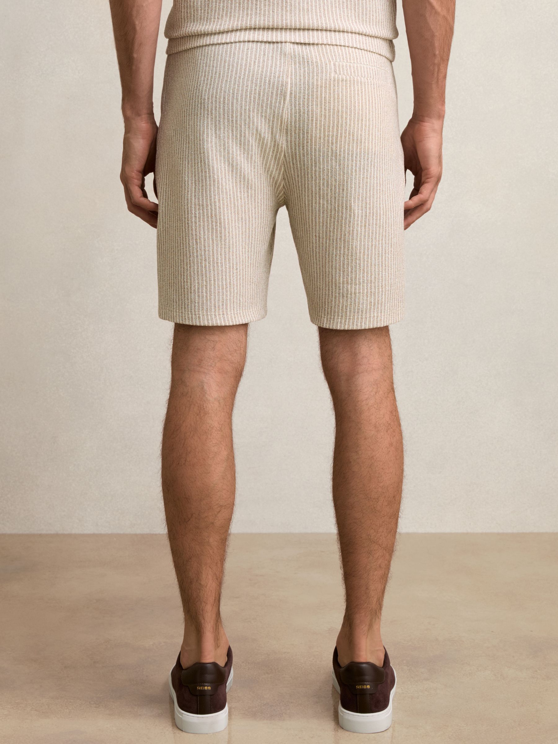 Cotton-Blend Stripe Drawstring Shorts in Ecru/Taupe Brown - Image 6 of 7