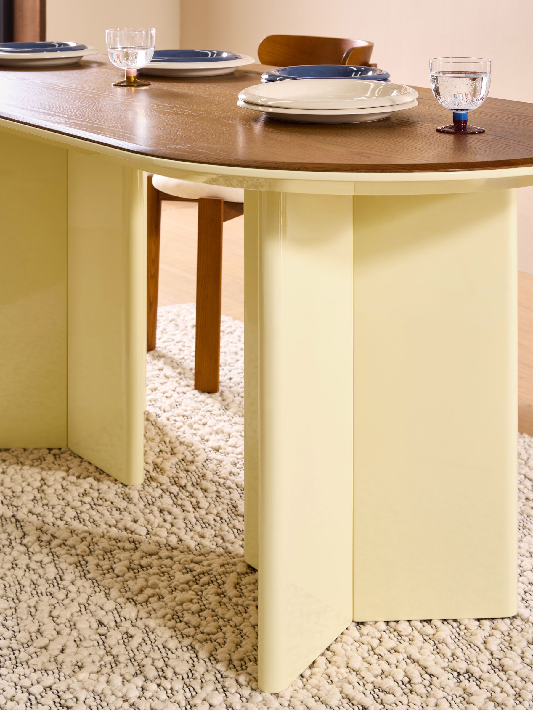 Plinth Oval Fixed 6 Seater Dining Table in Yellow Gloss and Oak - Image 4 of 7