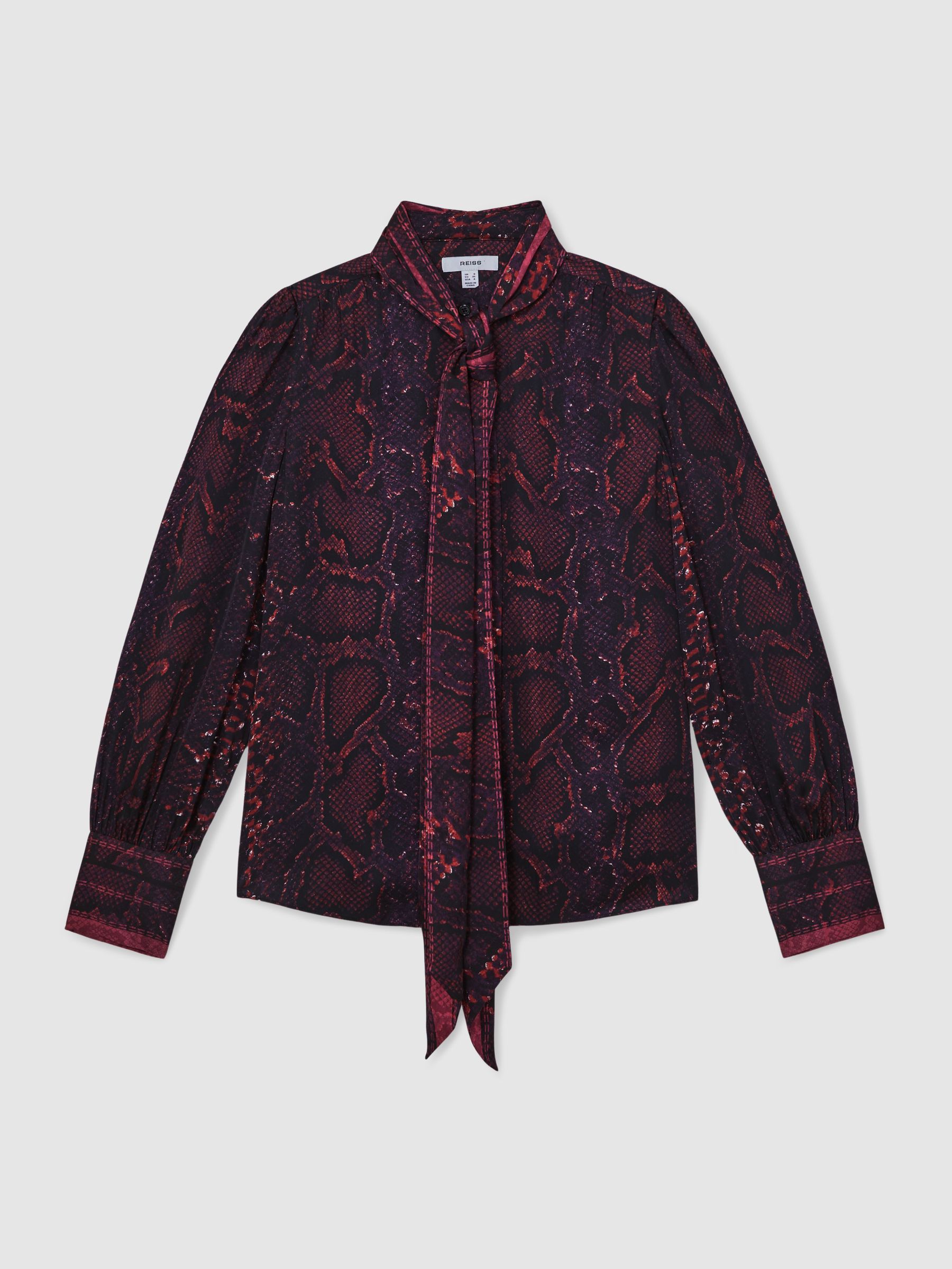 Snake-Print Tie-Neck Blouse in Burgundy - Image 2 of 5