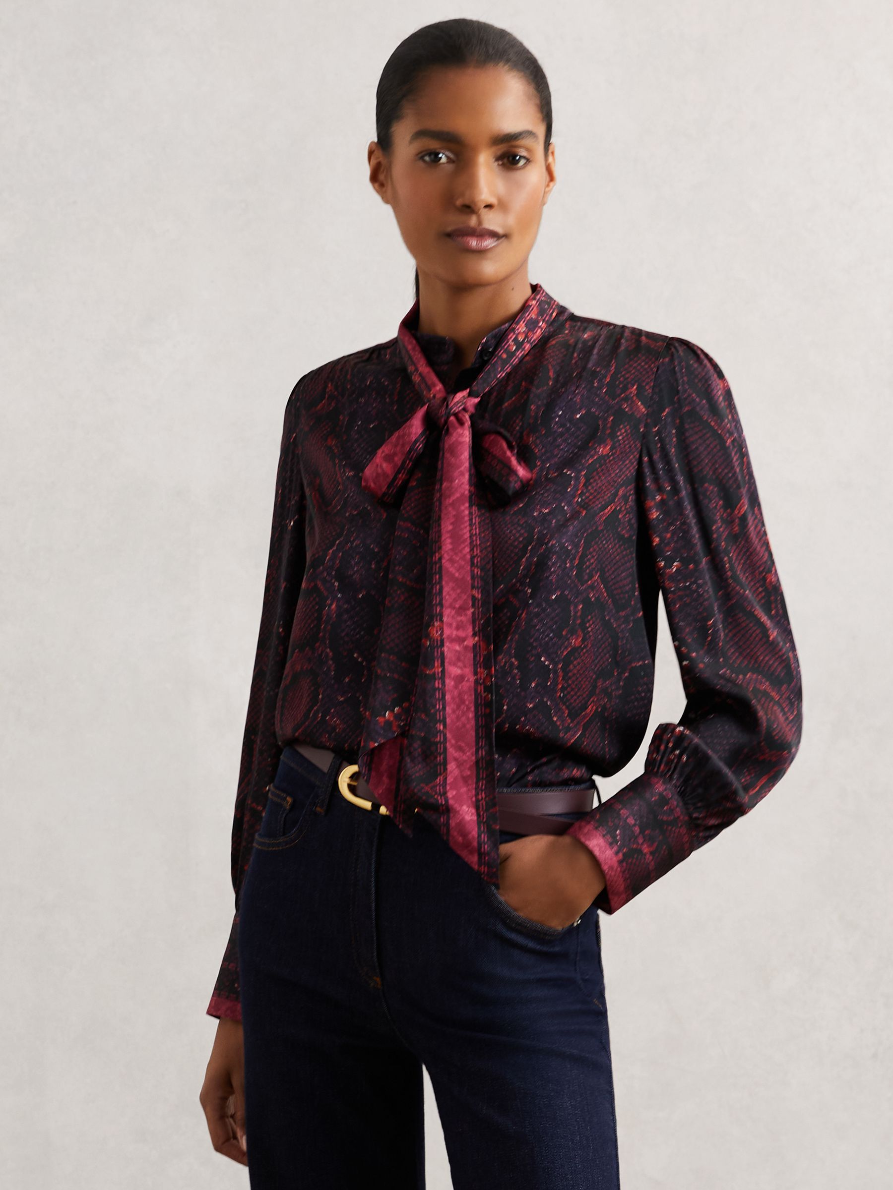 Snake-Print Tie-Neck Blouse in Burgundy - image 5