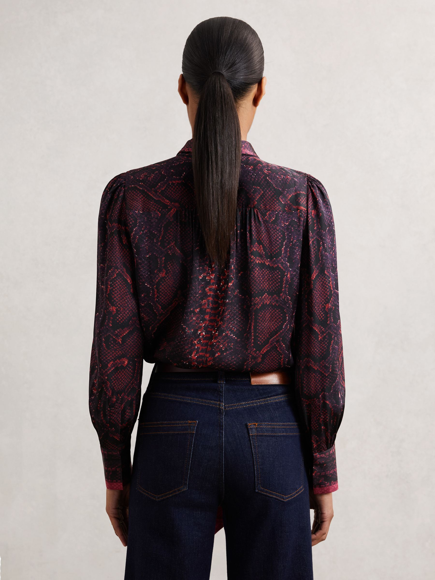 Snake-Print Tie-Neck Blouse in Burgundy - Image 4 of 5