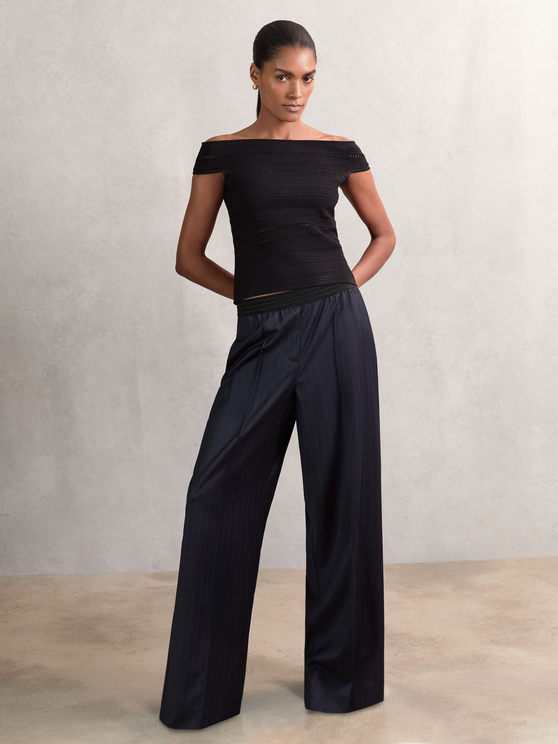 Wool-Blend Pinstripe Wide-Leg Trousers in Navy - Image 1 of 7