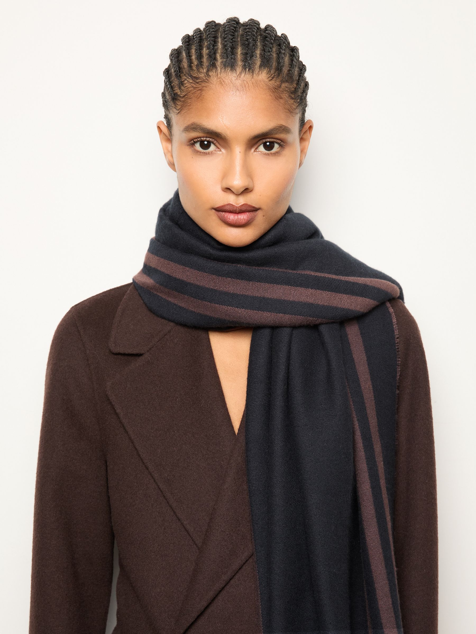 Border Stripe Fringed Scarf in Navy - Image 2 of 6