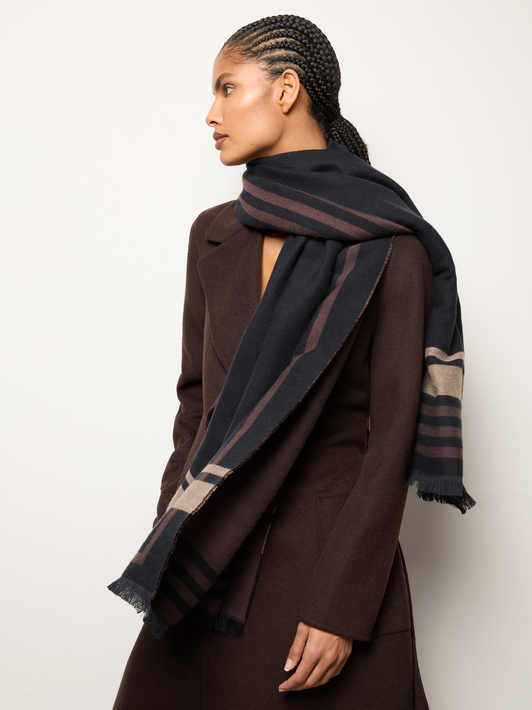 Border Stripe Fringed Scarf in Navy - Image 4 of 6