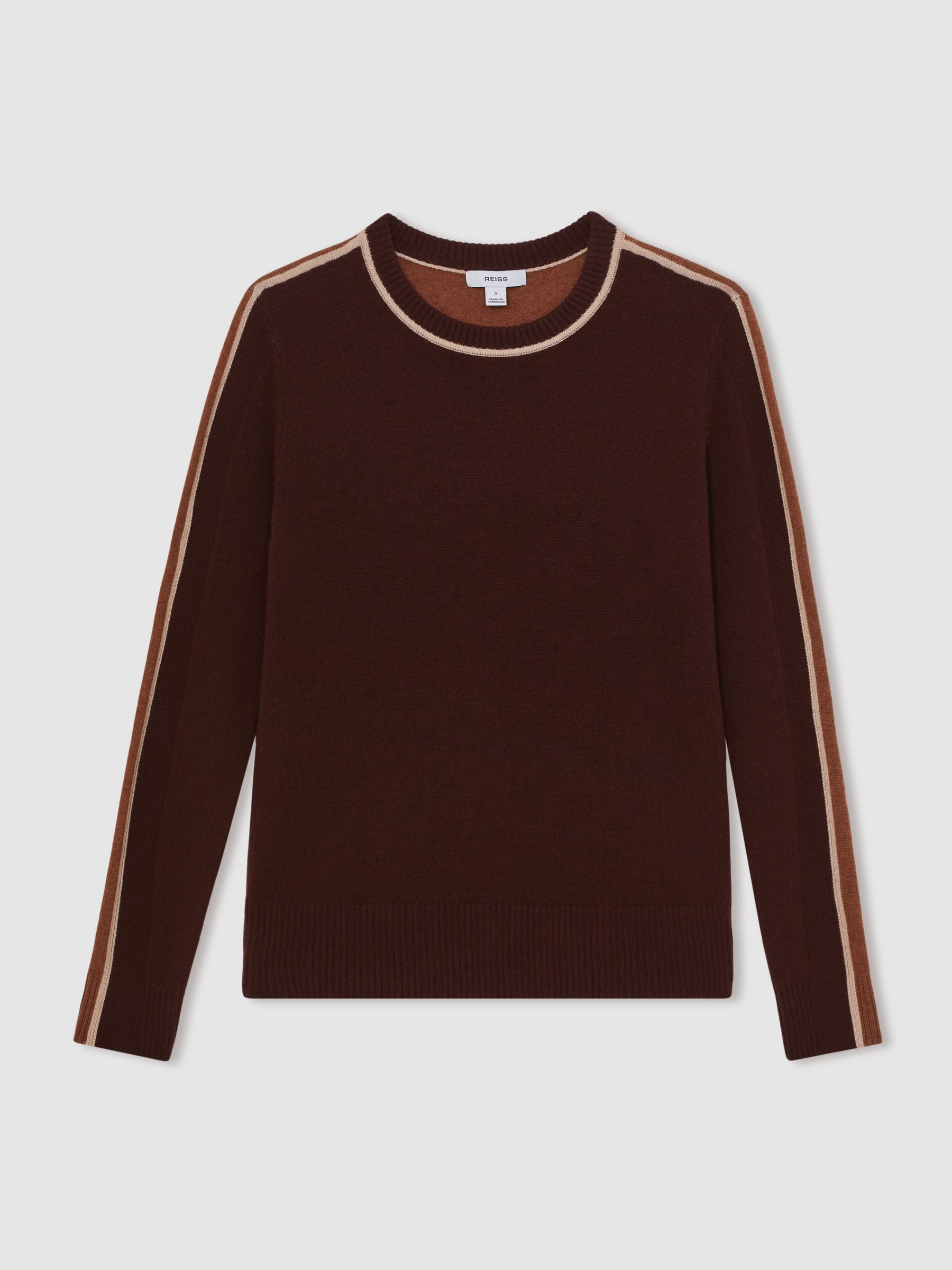 Wool-Blend Colour-Block Jumper With Cashmere in Burgundy/Tan - Image 2 of 7