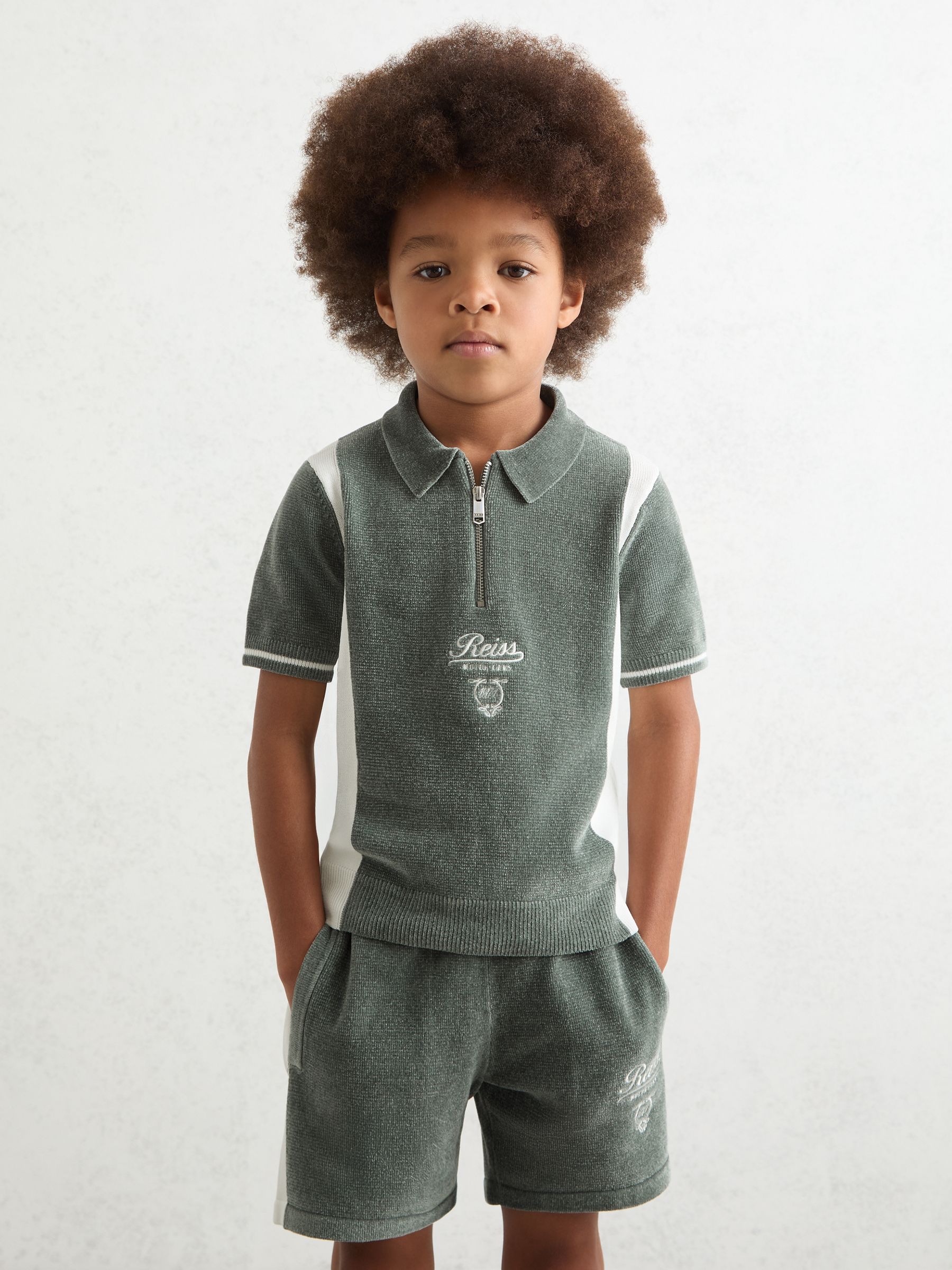 13-14 yrs Chenille Tipped Motor Cars Polo Shirt in Dark Sage Green/White - Image 2 of 4