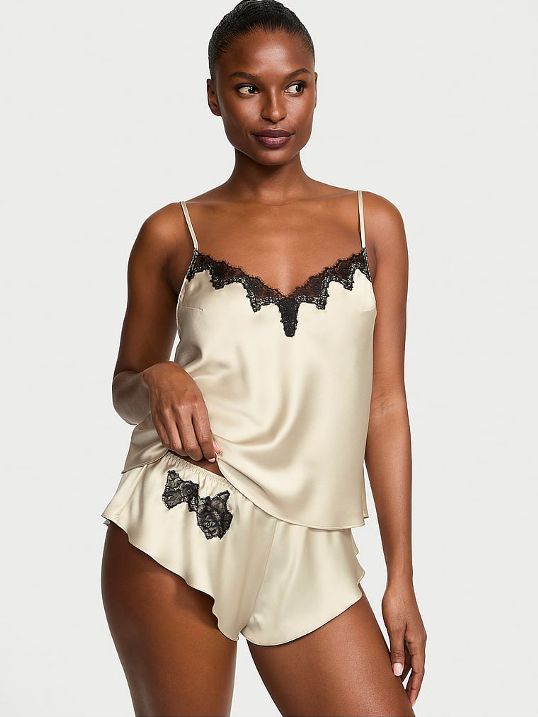 Satin Lace Lace Trim Pyjama Set Lace Trim Silk Lace Camisole