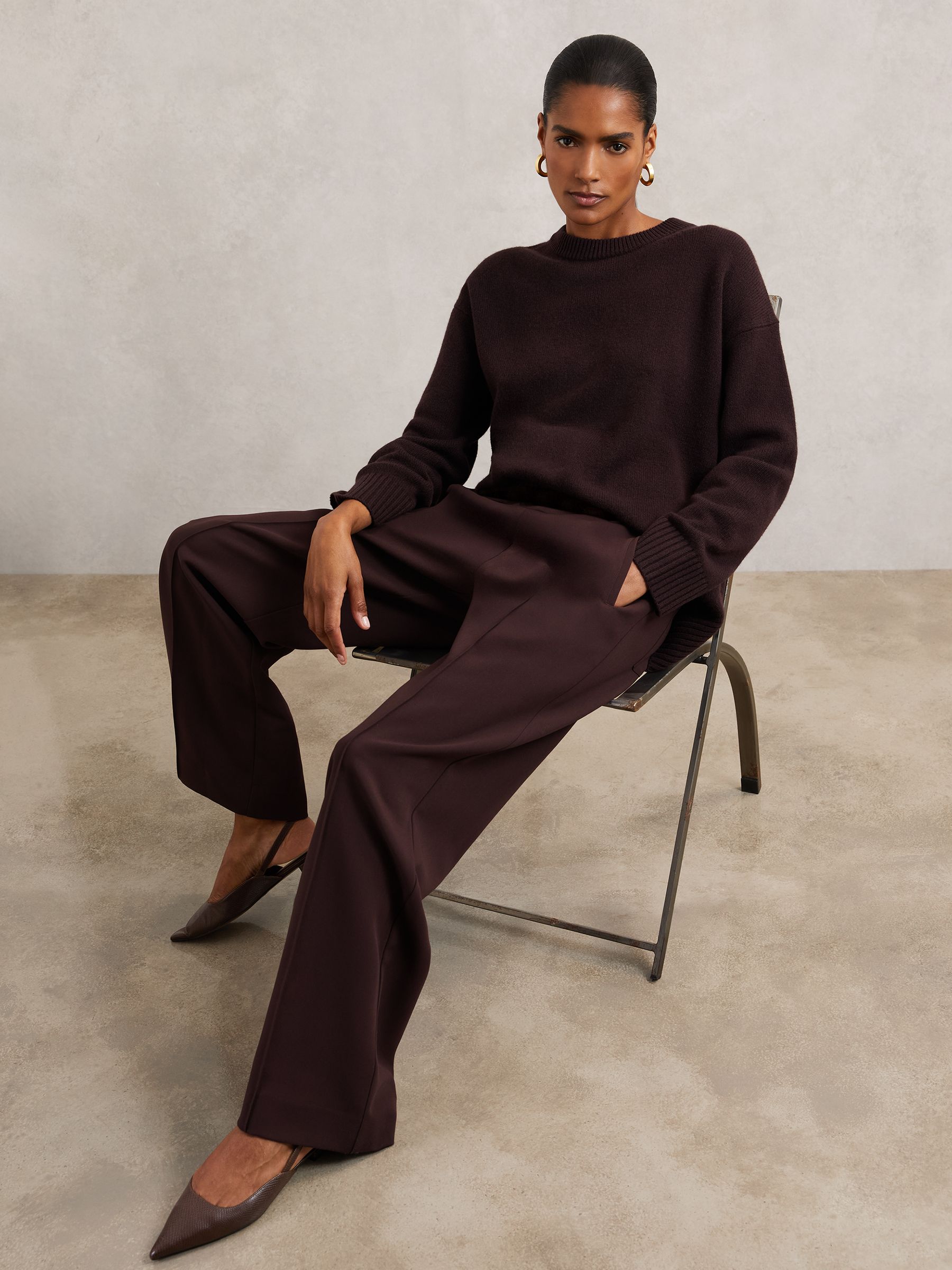 Petite Wide Leg Elasticated Waist Trousers in Burgundy - Image 1 of 6