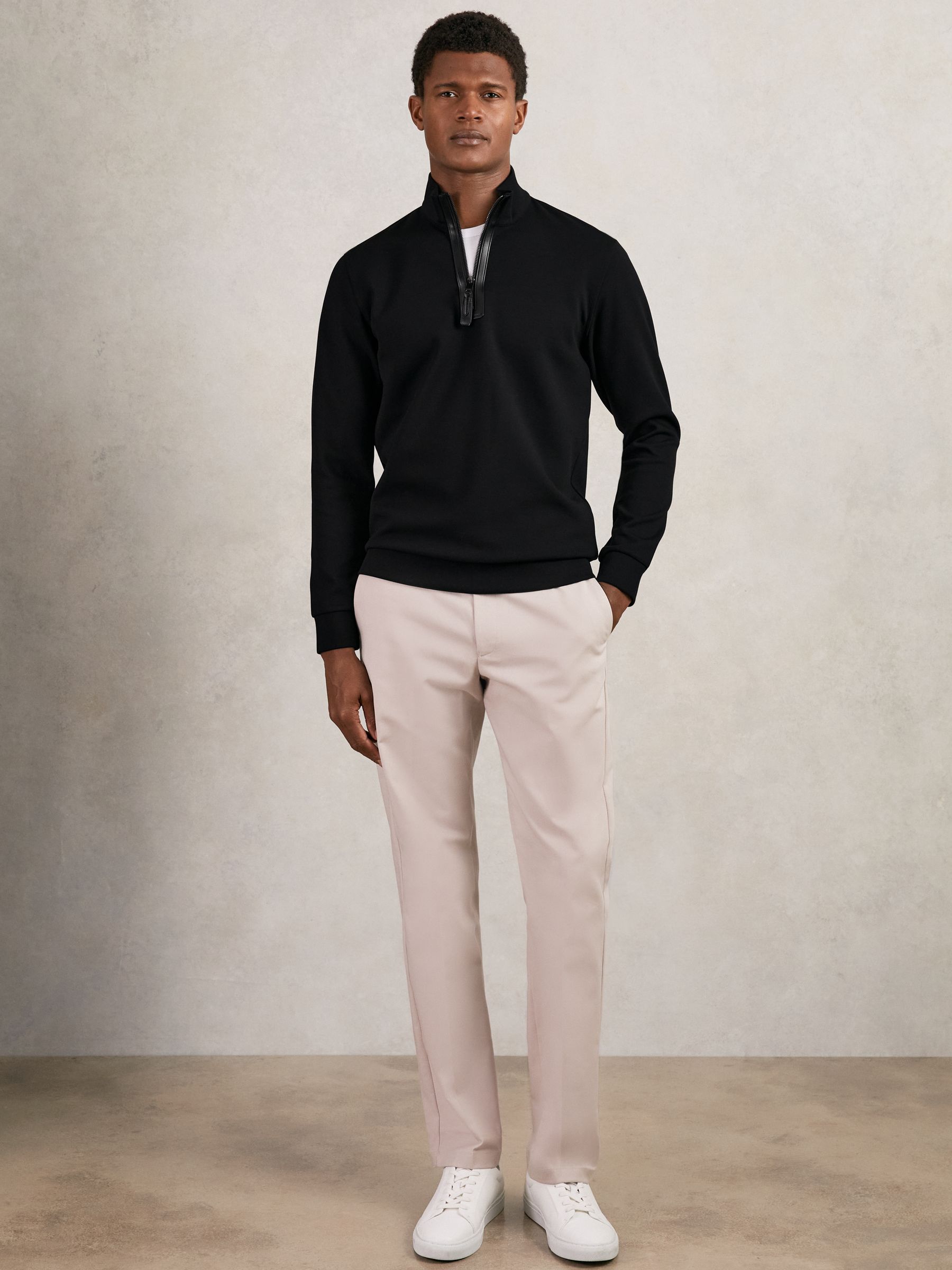 Leather-Placket Interlock Sweatshirt in Black - Image 3 of 6
