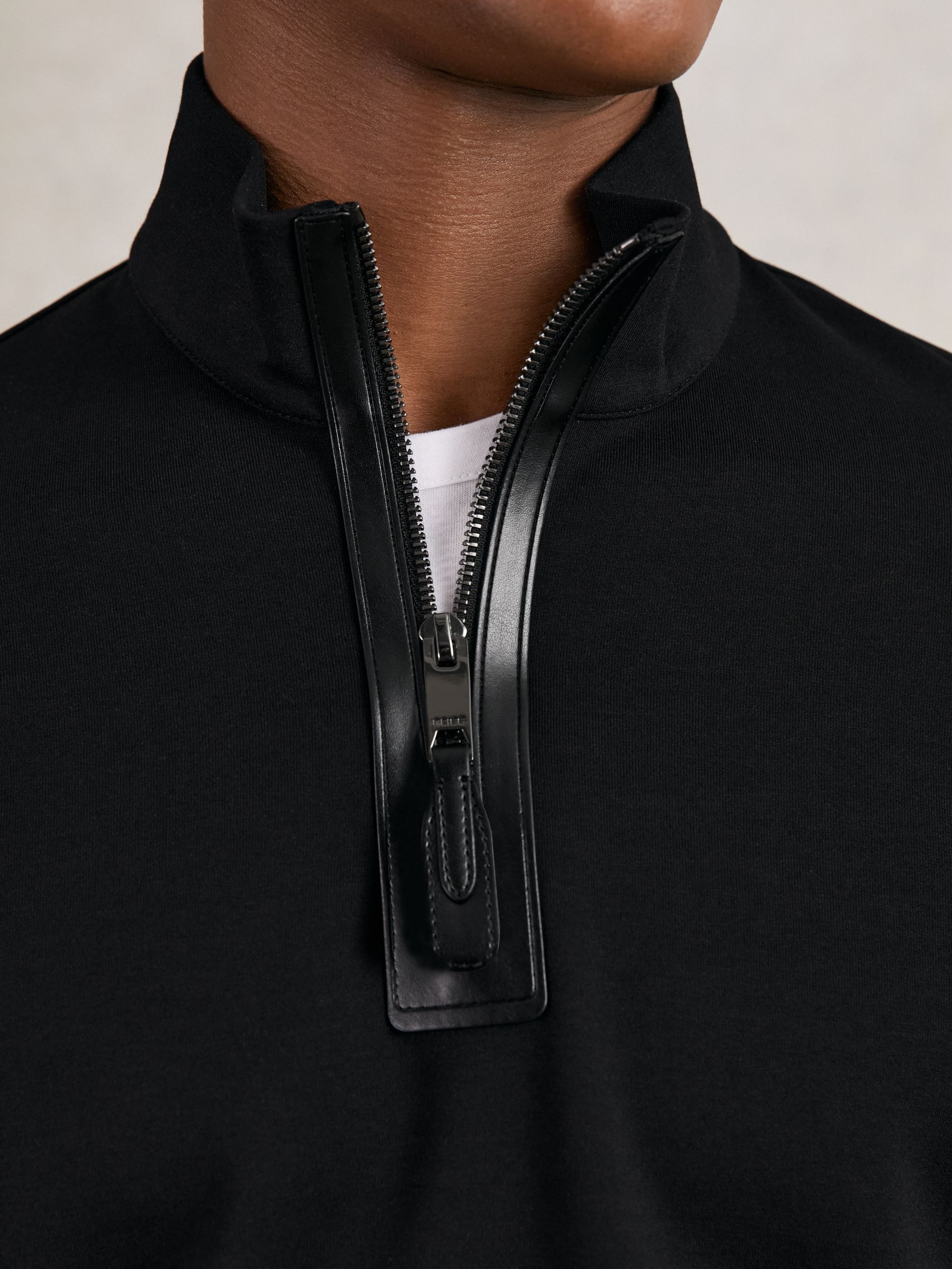 Leather-Placket Interlock Sweatshirt in Black - Image 4 of 6