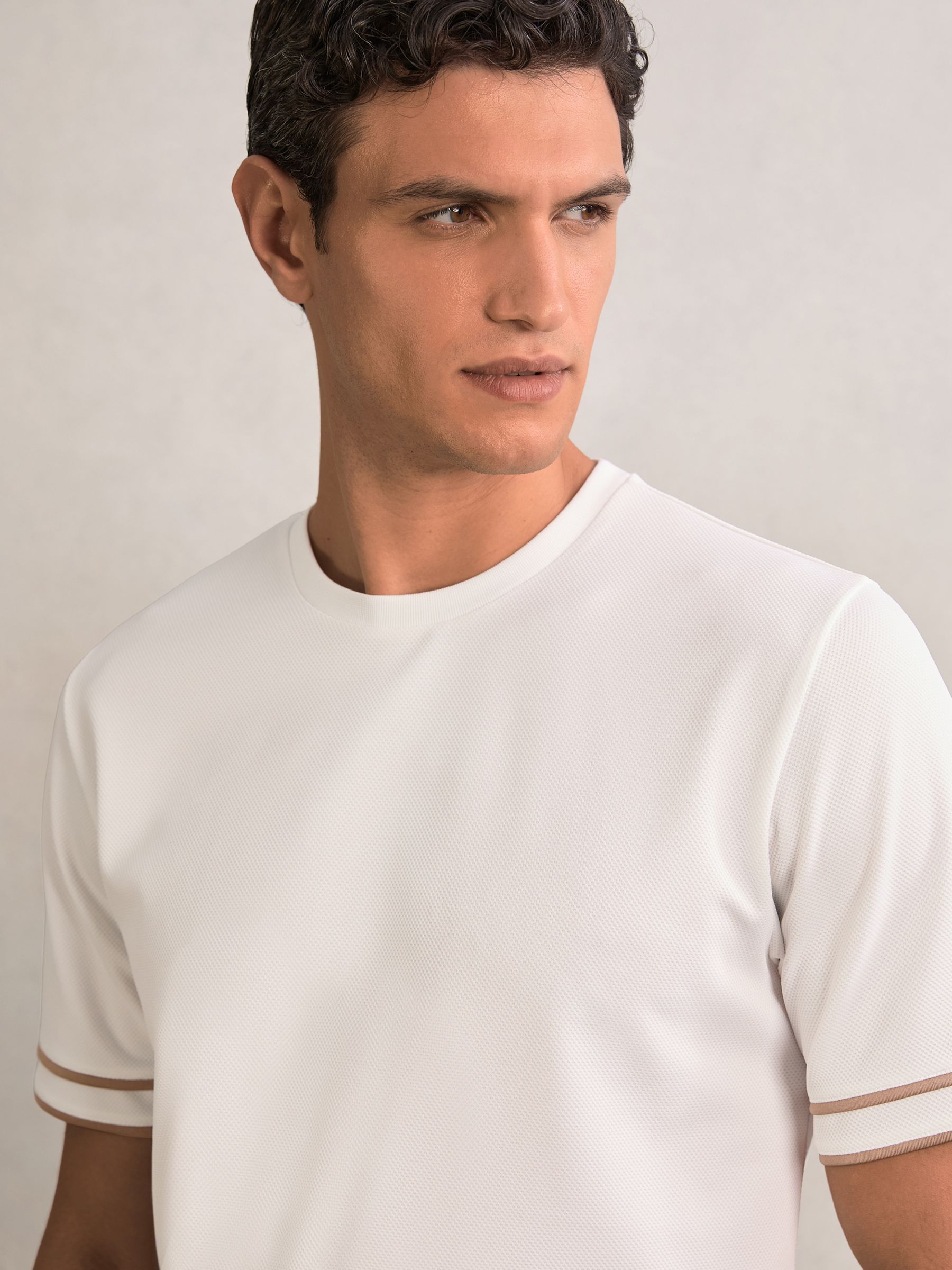 Textured Crew-Neck Tipped T-Shirt in White - Image 3 of 6