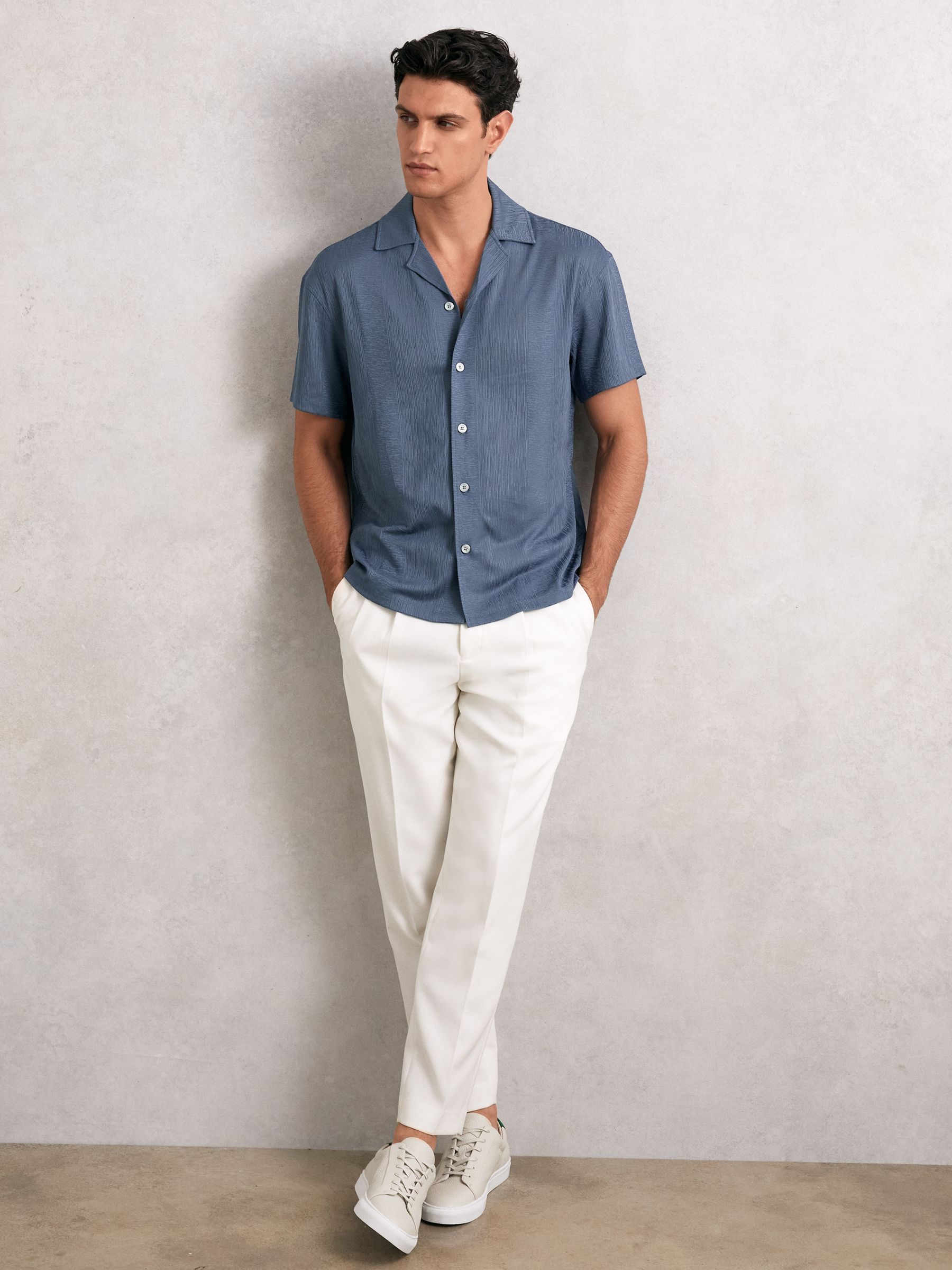 Jacquard-Stripe Cuban-Collar Shirt in Airforce Blue - Image 1 of 5
