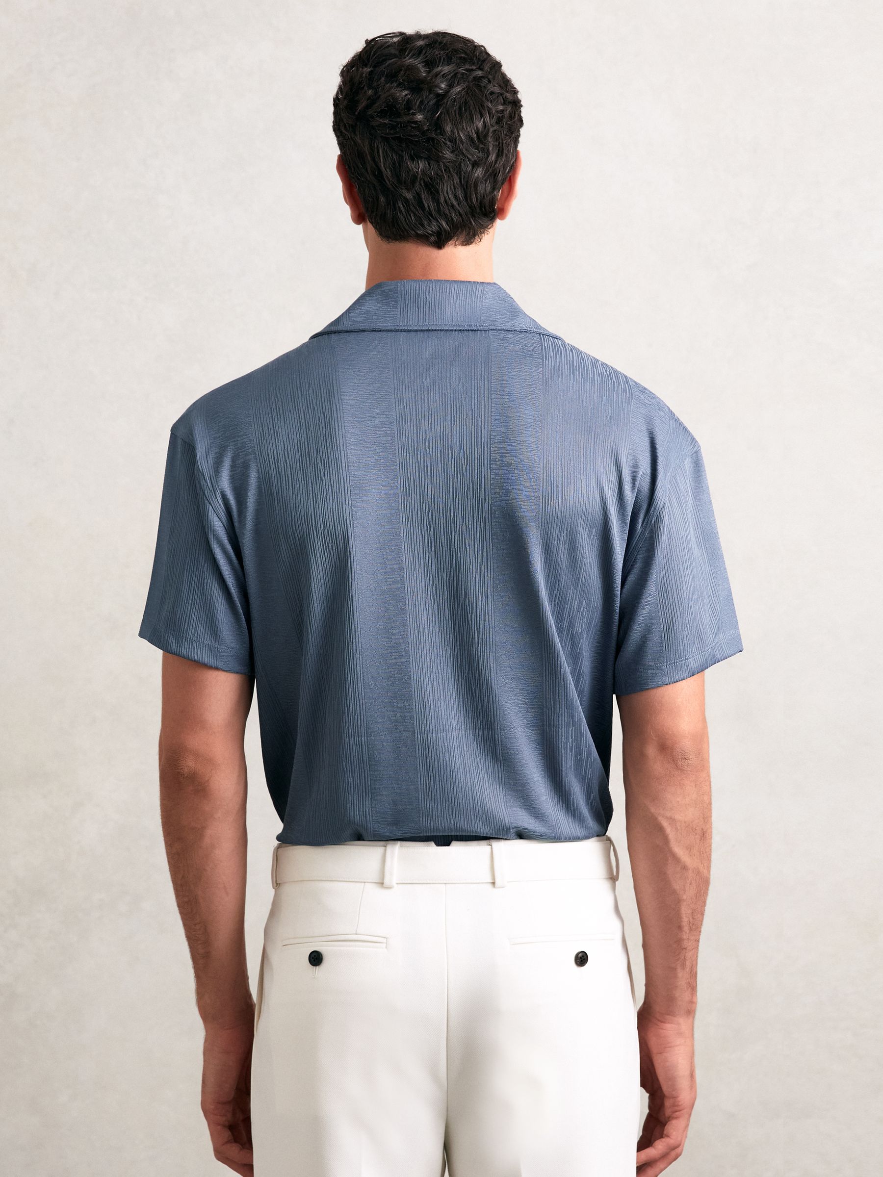Jacquard-Stripe Cuban-Collar Shirt in Airforce Blue - Image 4 of 5