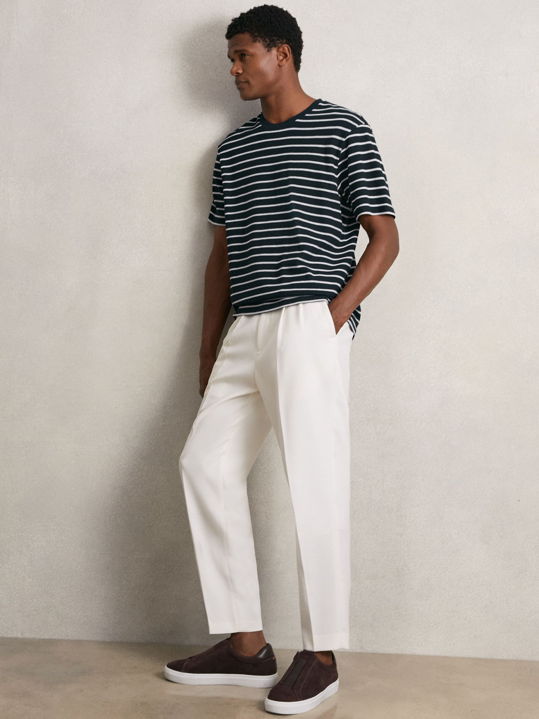 Cotton Textured Stripe T-Shirt in White/Navy - Image 1 of 6 Cotton Textured Stripe T-Shirt in White/Navy - Image 1 of 6