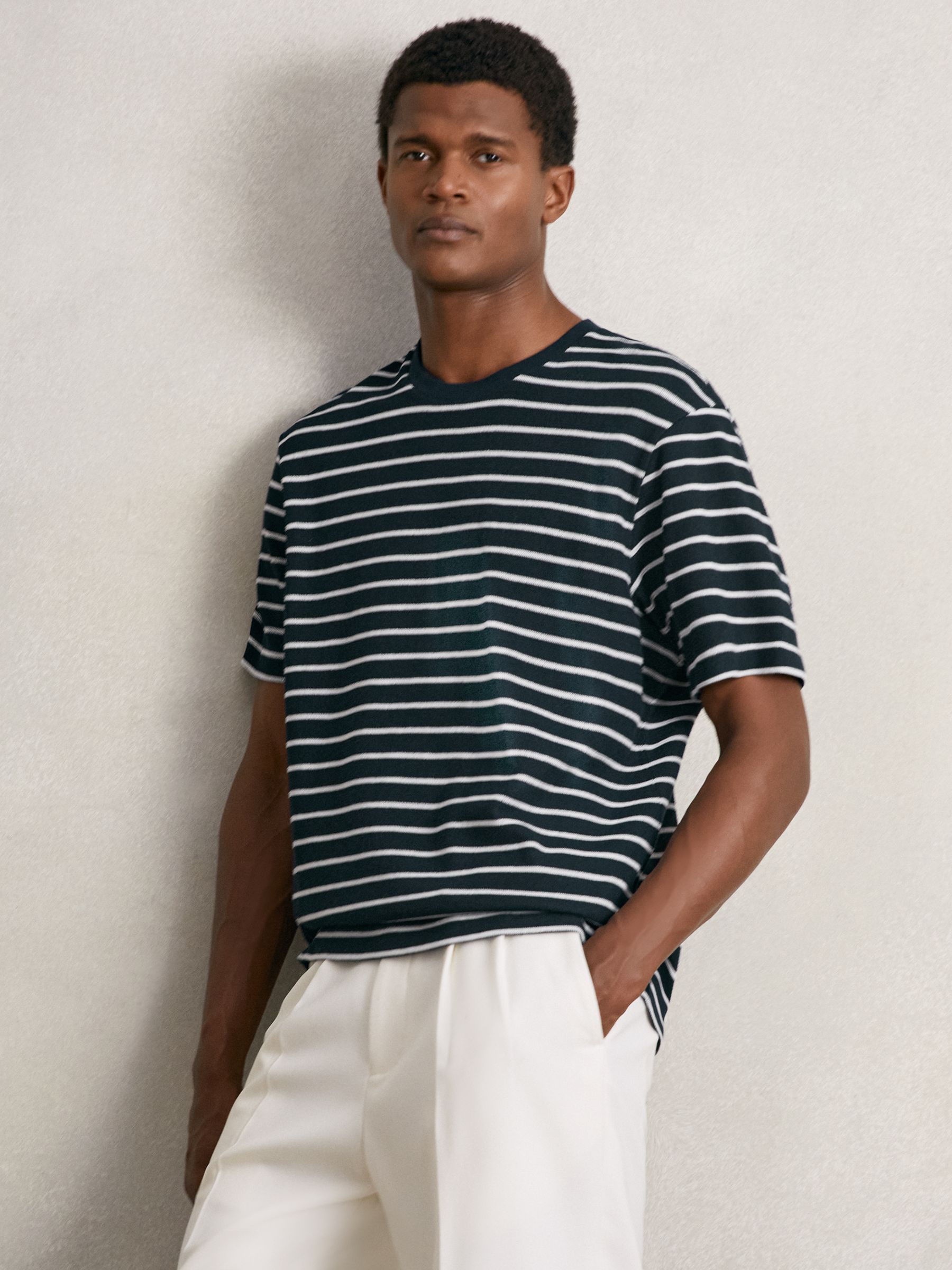 Cotton Textured Stripe T-Shirt in White/Navy - Image 3 of 6