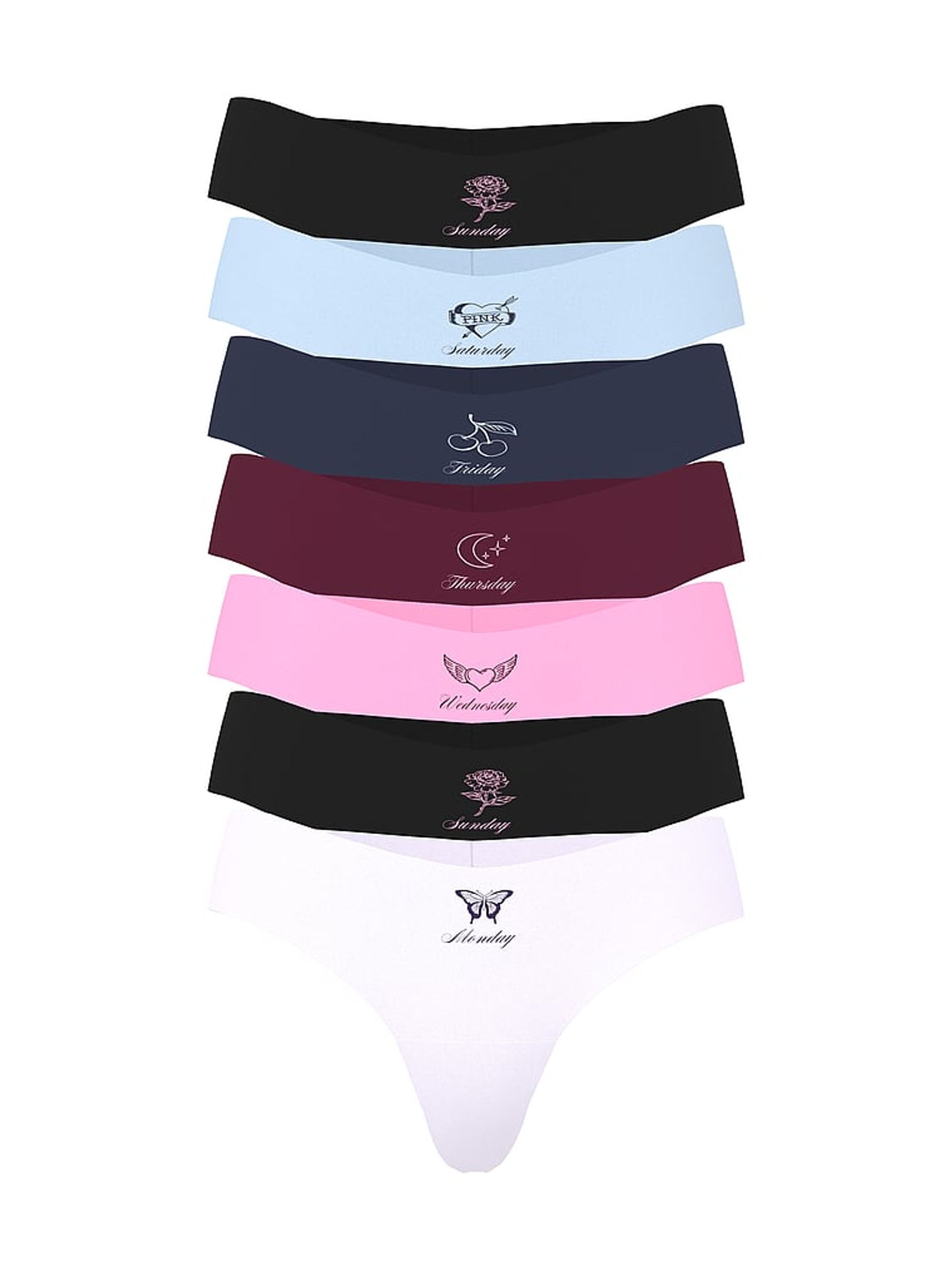 Black/Blue/Burgandy/Pink/White Thong No Show Knickers 7 Pack - Image 1 of 3